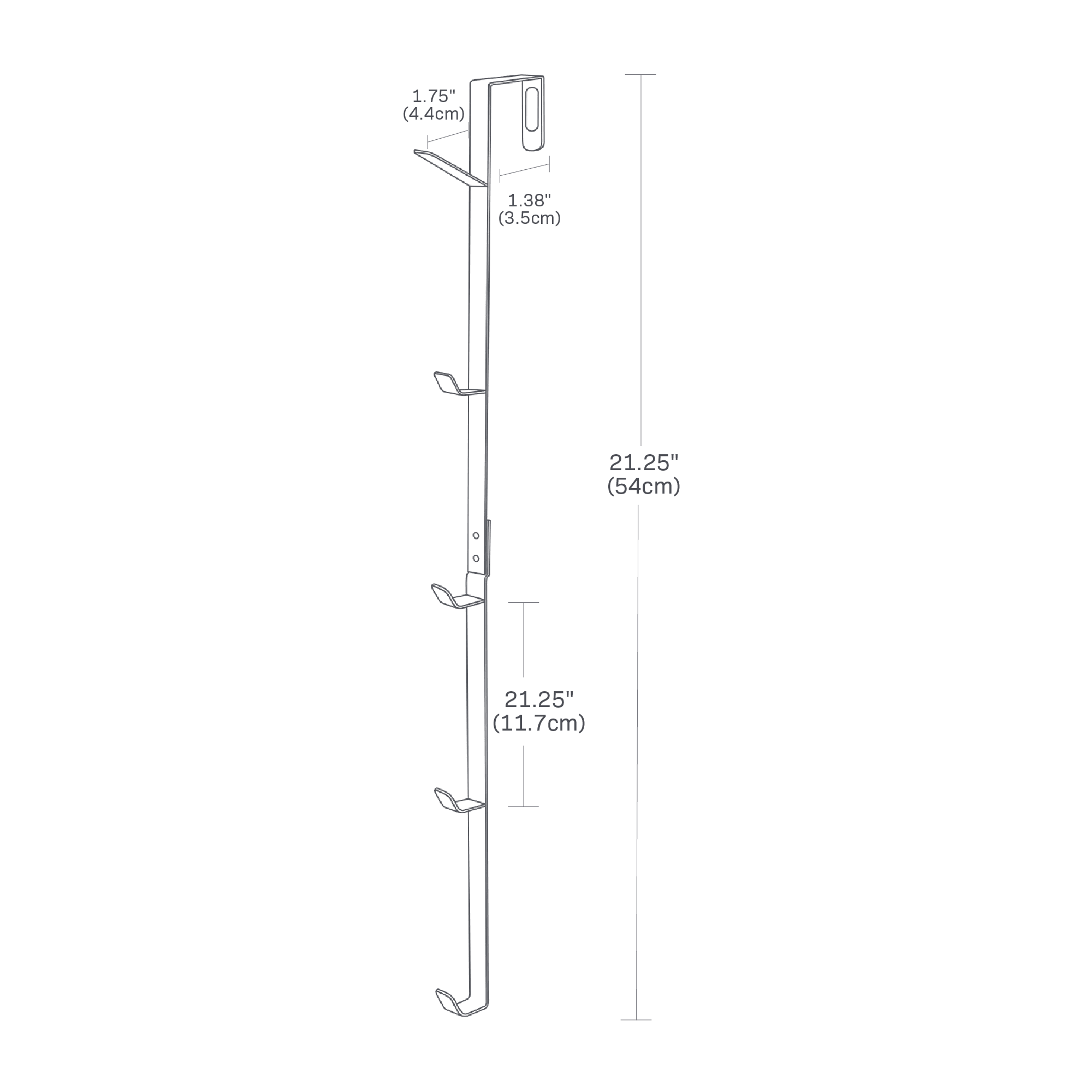 Dimension image for Over-the-Door Vertical Hookson a white background showingThe total length of the hook is 21.25 inches, with a distance of 4.63 inches between each hook. Each hook provides 1.75 inches of space and can accommodate doors with a width of up to 1.38 inches
