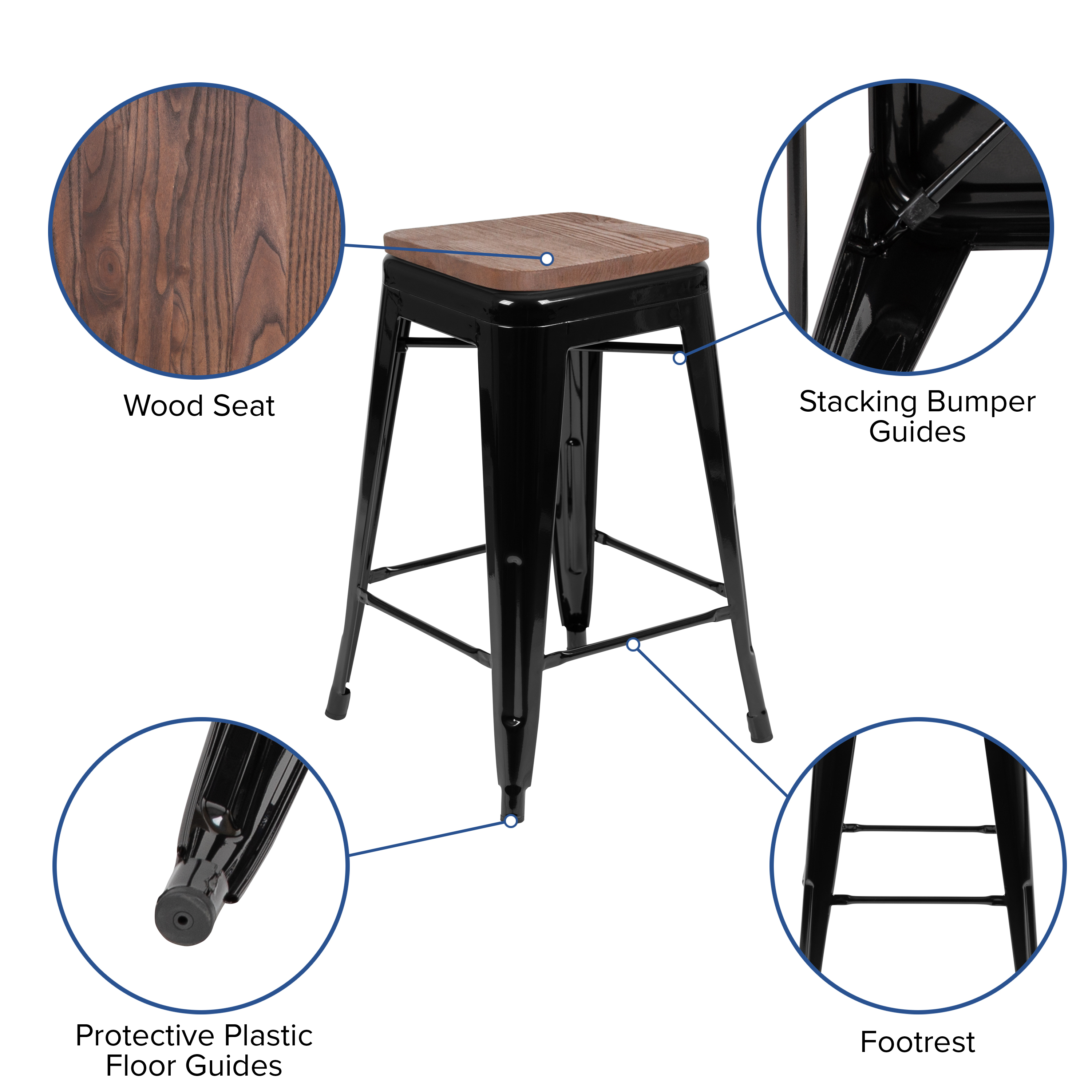 Cierra 24" High Metal Counter-Height, Indoor Bar Stool with Wood Seat in Gun ... - Picture 30 of 49