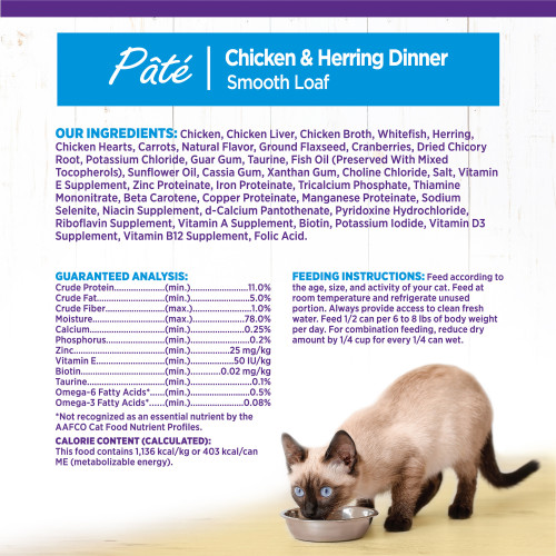 <p>Feeding Guidelines<br />
Feed according to the age, size, and activity of your cat. Feed at room temperature and refrigerate unused portion. Always provide access to clean fresh water.<br />
Feed ½ can per 6 to 8 lbs of body weight per day. For combination feeding, reduce dry amount by ¼ cup for every ¼ can wet.</p>

