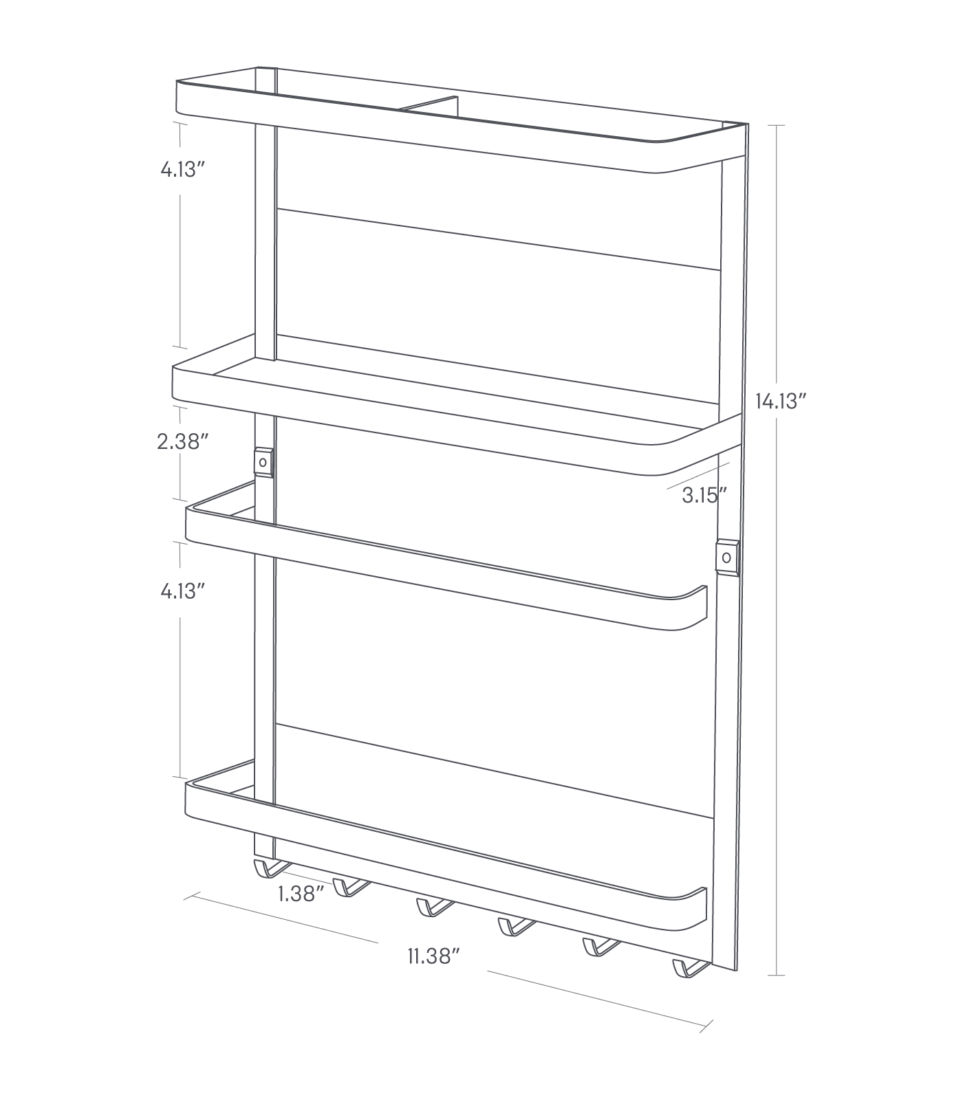 Dimension image for Magnetic Kitchen Organizer showing total height of 14.13", length of ", width of 3.15". from the left side to the middle bar width of 6.46" and from the middle bar to the right bar of 4.88", 4.13" between the top bar and the second bar, 2.38" between the second bar and the third bar, 4.13" between the third bar and the bottom bar, 1.38" between hooks