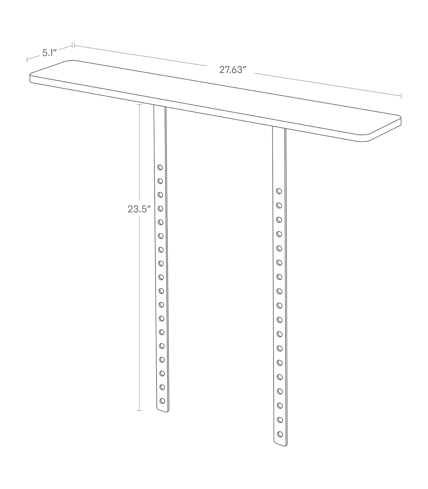Image de dimension pour étagère TV compatible VESA sur fond blanc montrant une largeur totale de 27,63", une longueur de 5,1", une hauteur de 23,5"