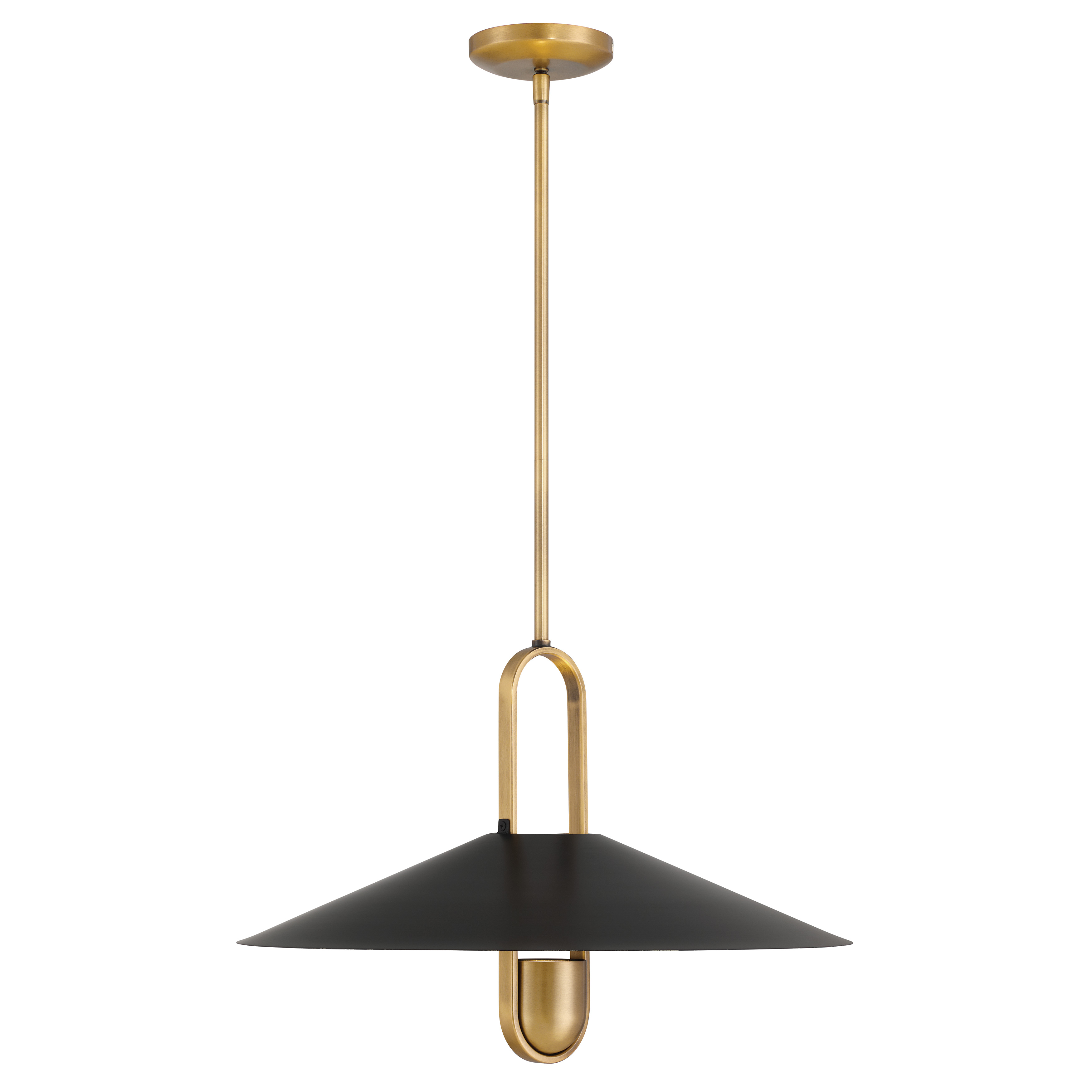 The Goldenridge pendant combines matte black steel with legacy brass detailing for a striking modern-industrial aesthetic. At 20 inches wide, it makes a bold statement over kitchen islands or dining tables. - alternate view