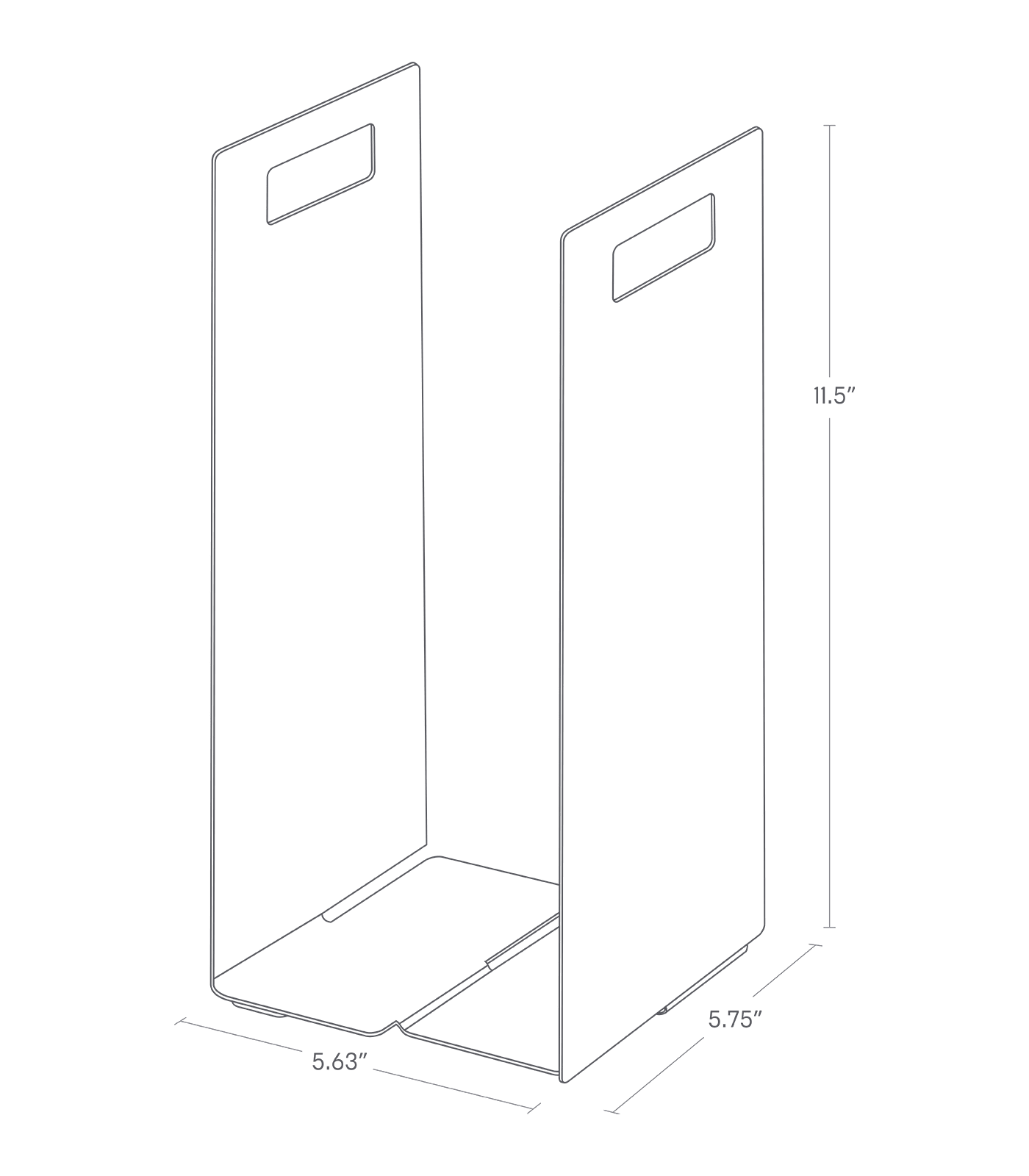 Image de dimension pour organisateur de rangement de serviettes sur un fond blanc montrant une largeur totale de 5,63", une longueur de 5,75", une hauteur de 11,5"