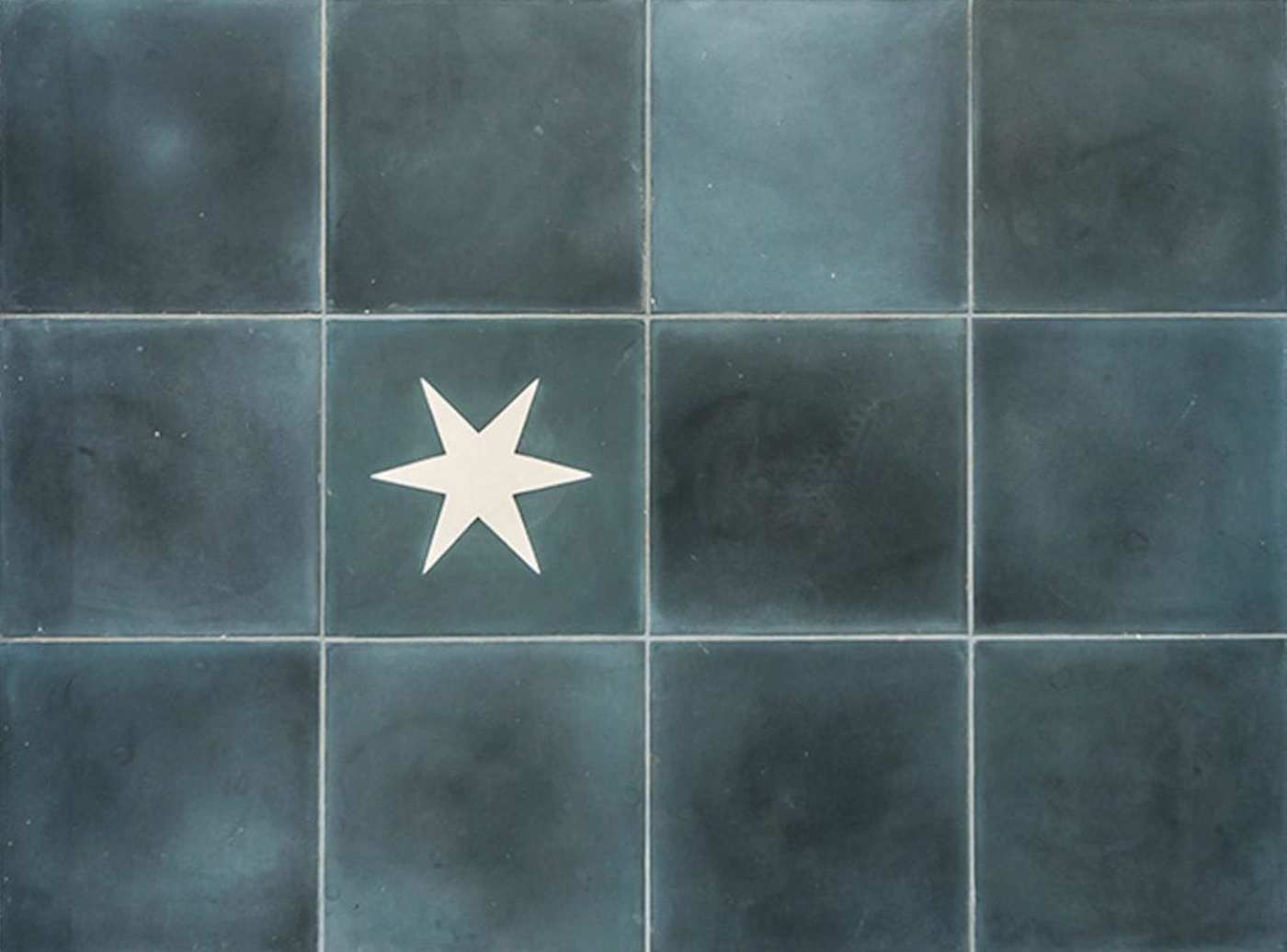 a surface covered with square blue tiles and a star.