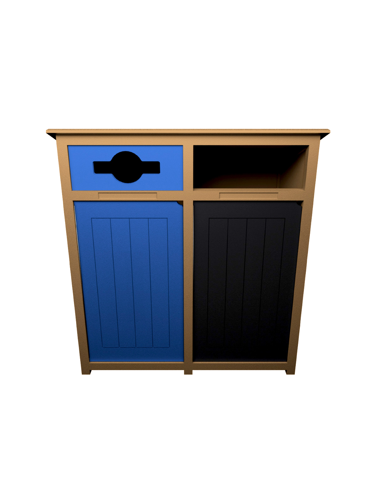 Busch Systems Aspyre Collection Aura Series double in cedar with blue and black doors and openings with door signs