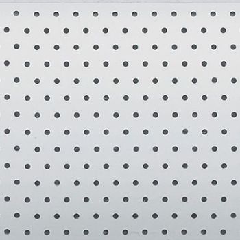 Light gray perforated panel mounted flat, featuring uniform, evenly spaced circular holes; fills the frame, evenly lit, minimal neutral background.