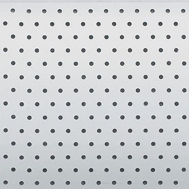 Light gray perforated panel mounted flat, featuring uniform, evenly spaced circular holes; fills the frame, evenly lit, minimal neutral background.