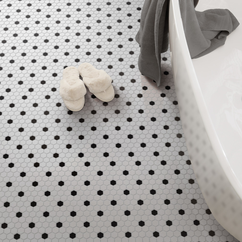 Madison 1″ Hex Matte Cool White w/ Black Dot 10-1/4 in. x 11-7/8 in. Porcelain Mosaic Tile