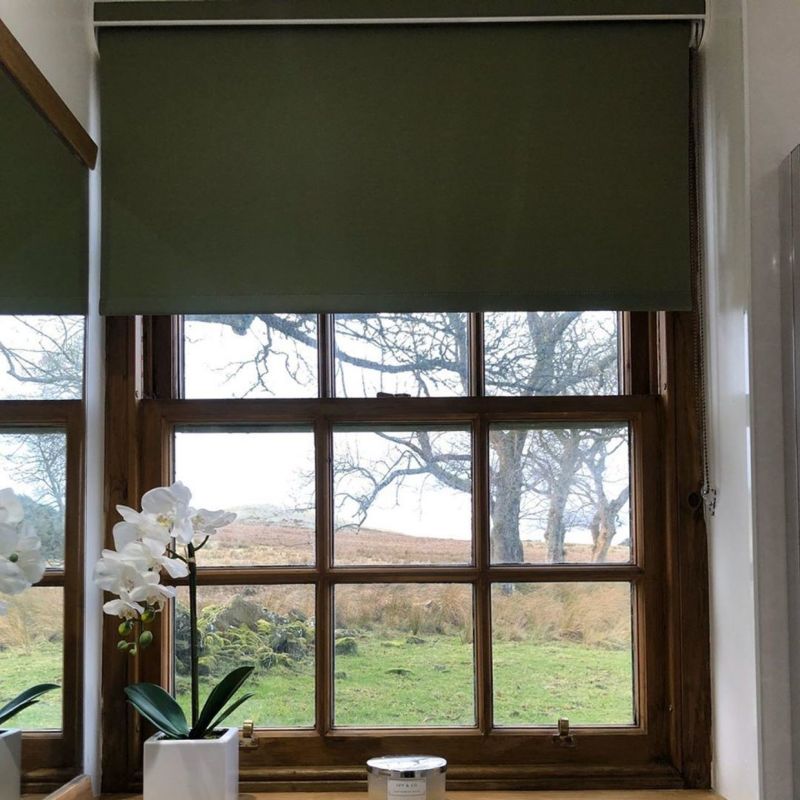 Dark green roller blind lowered over the upper half, partially blocking view and dimming light; wooden nine-pane window overlooks a grassy field with trees, sill holding white orchids and candle.