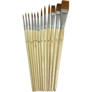 Watercolor Brush Assortment, Natural Wood, Assorted Sizes, 12 Brushes