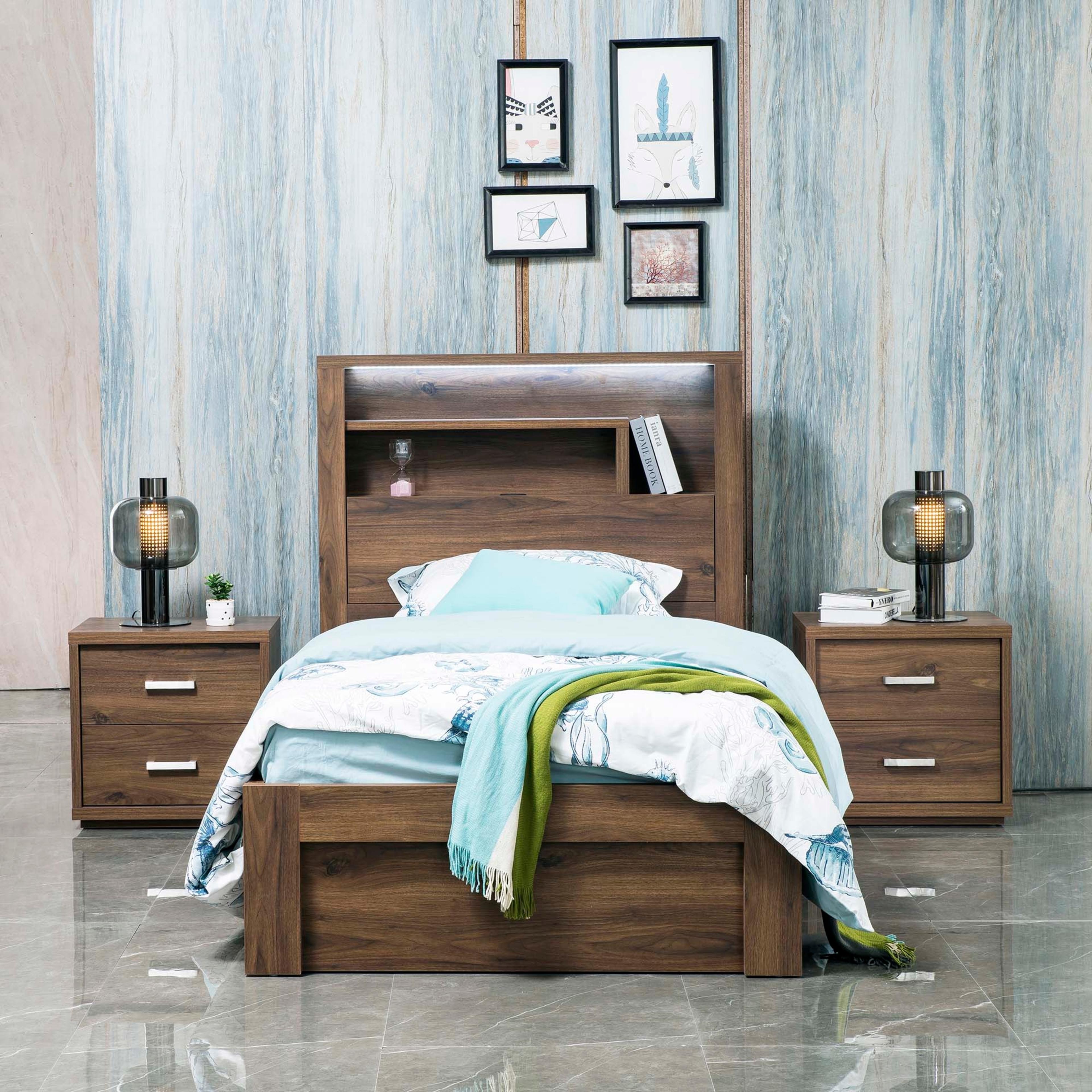 Lifestyle image of the Bellevue Bed Frame, Front Slat Gas Lift Base, Rustic Walnut from Forty Winks