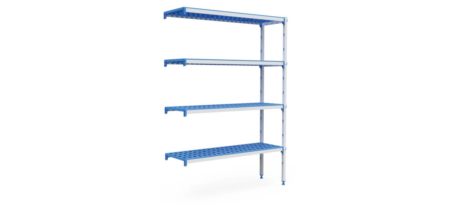Four-level modular corner shelving kit anodized aluminum frame with polypropylene shelves 2690 x 385 mm