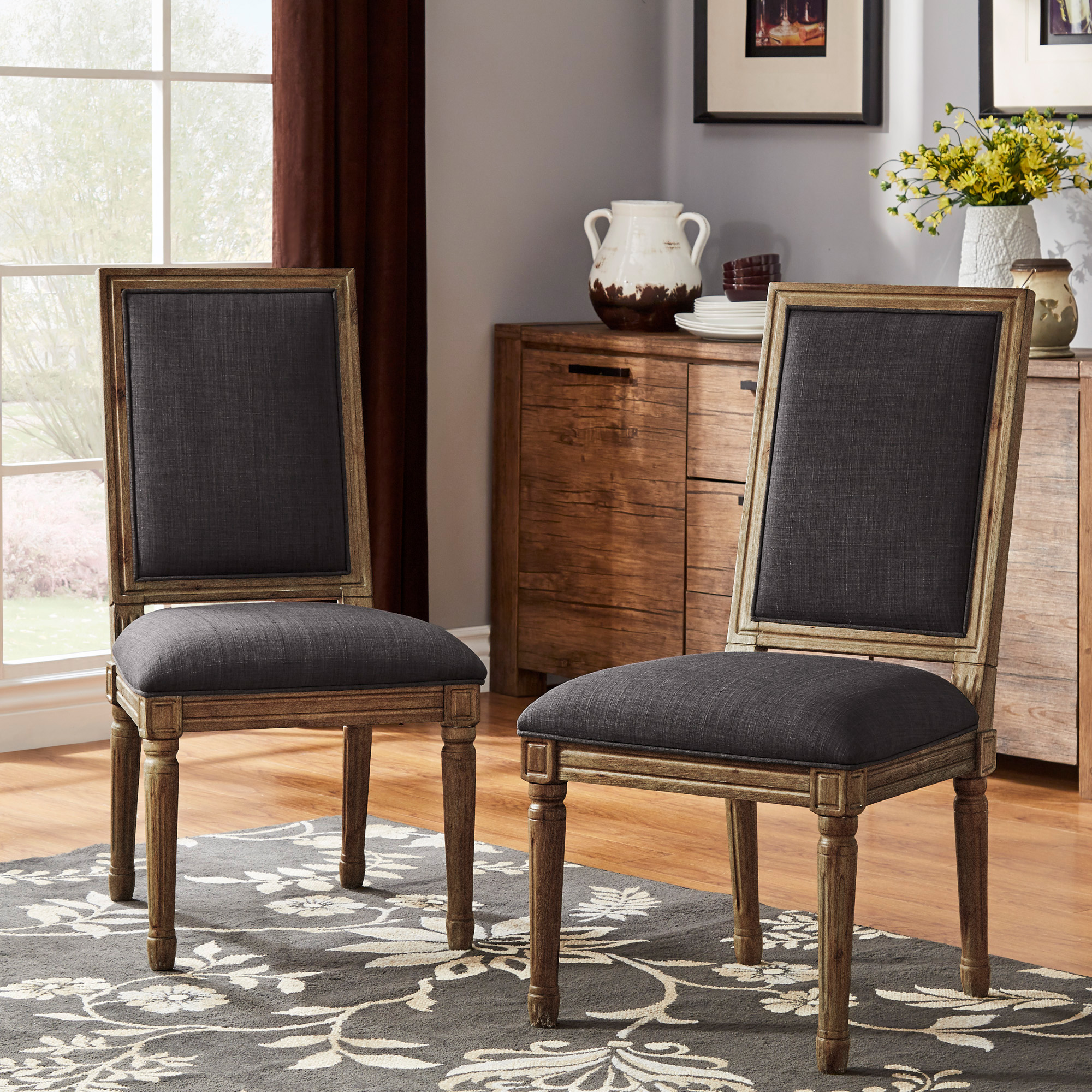 Rectangular Linen and Wood Dining Chairs (Set of 2)