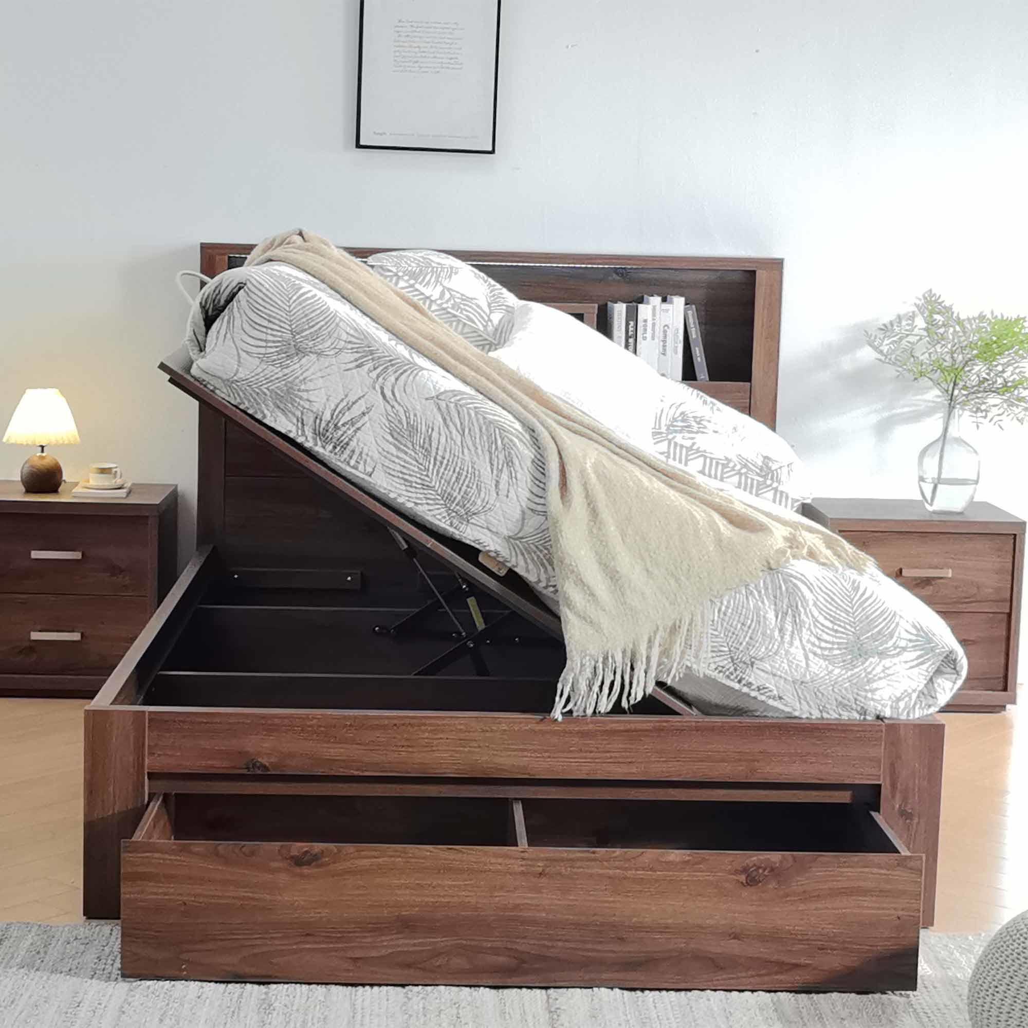 Lifestyle image of the  Bellevue Bed Frame, Side Gas Lift & End Drawer Base, Rustic Walnut from Forty Winks