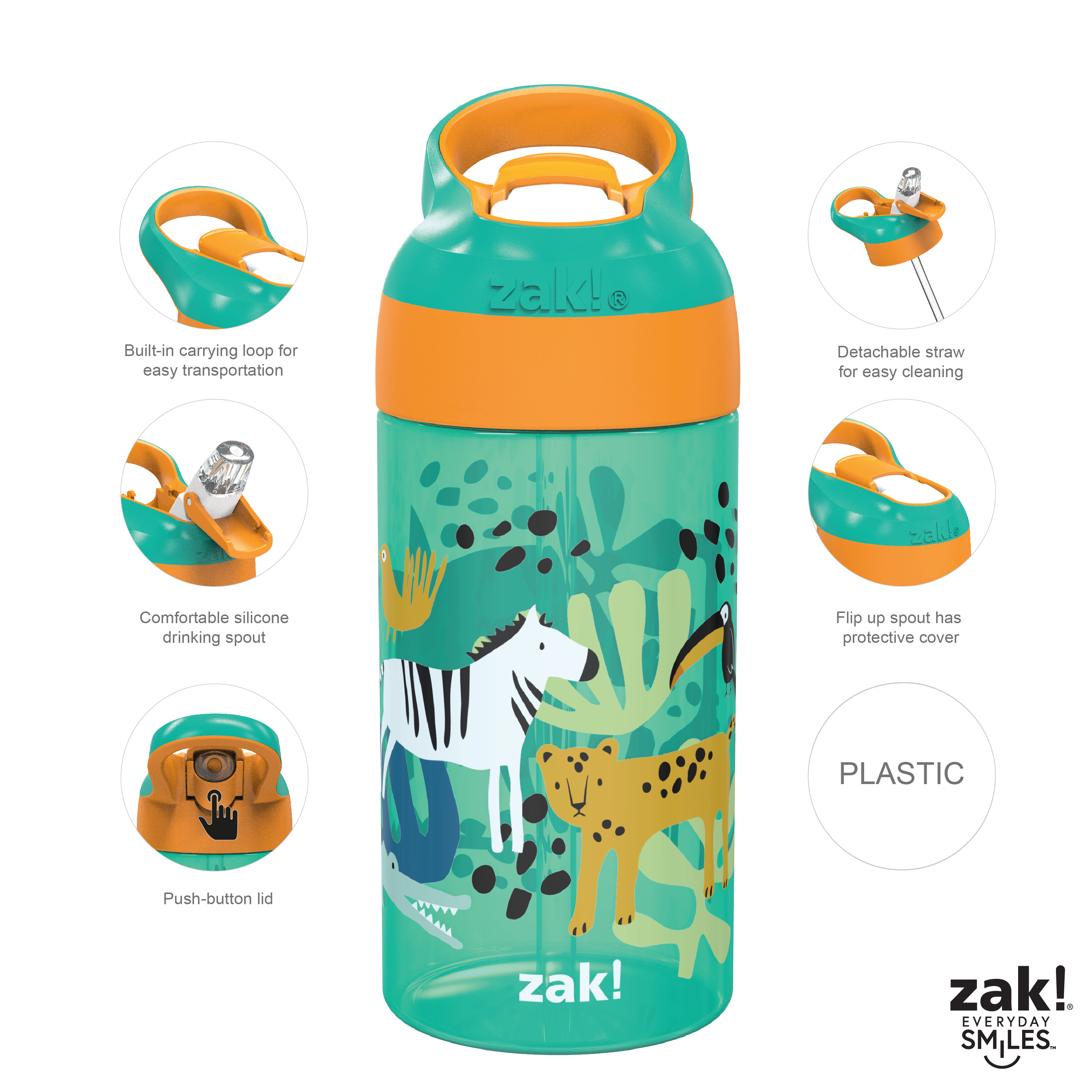 Zak Hydration 16 ounce Water Bottle, Dinosaurs and Jungle Friends, 2-piece set slideshow image 12