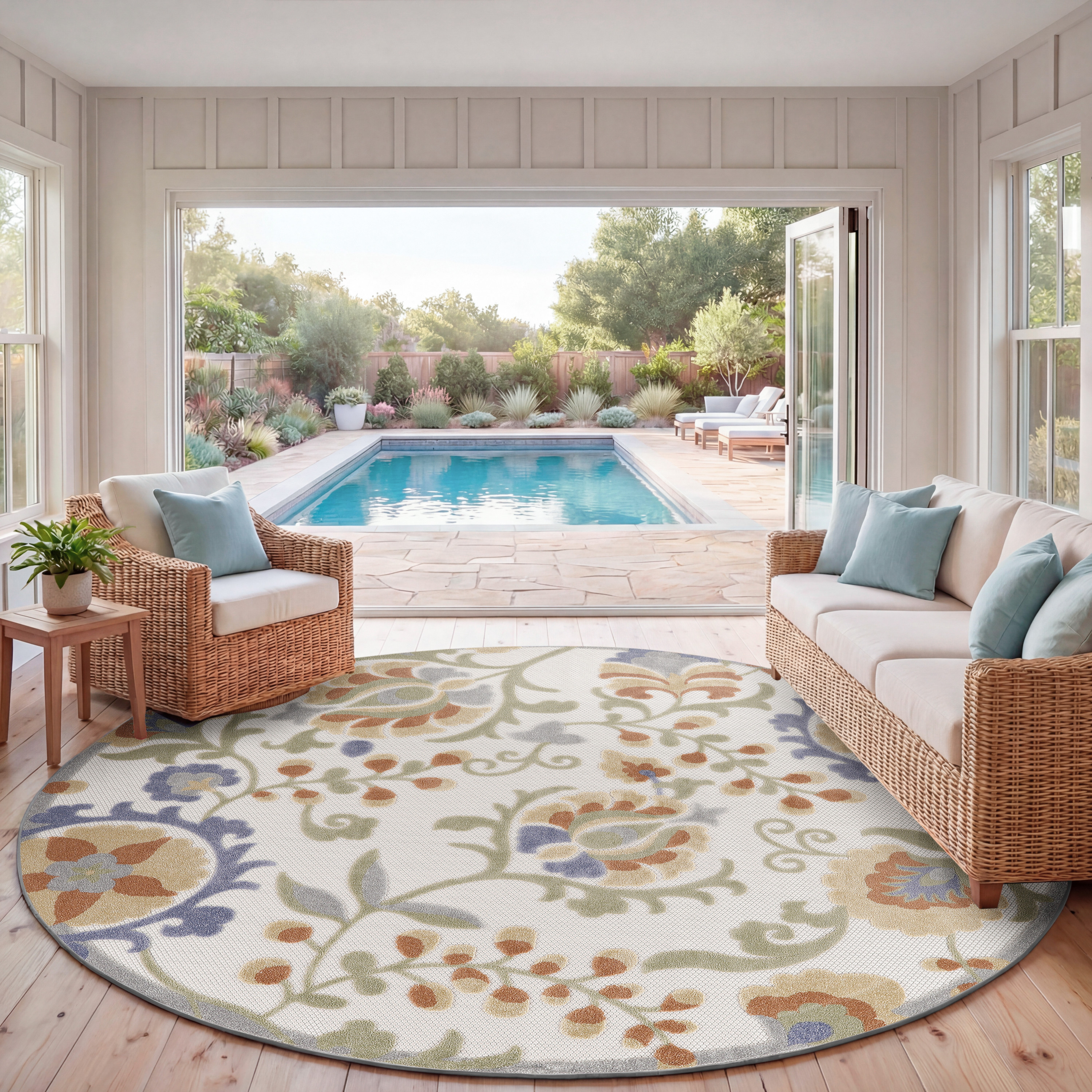Nourison Aloha 7'10" x Round Ivory Blue Outdoor Rug