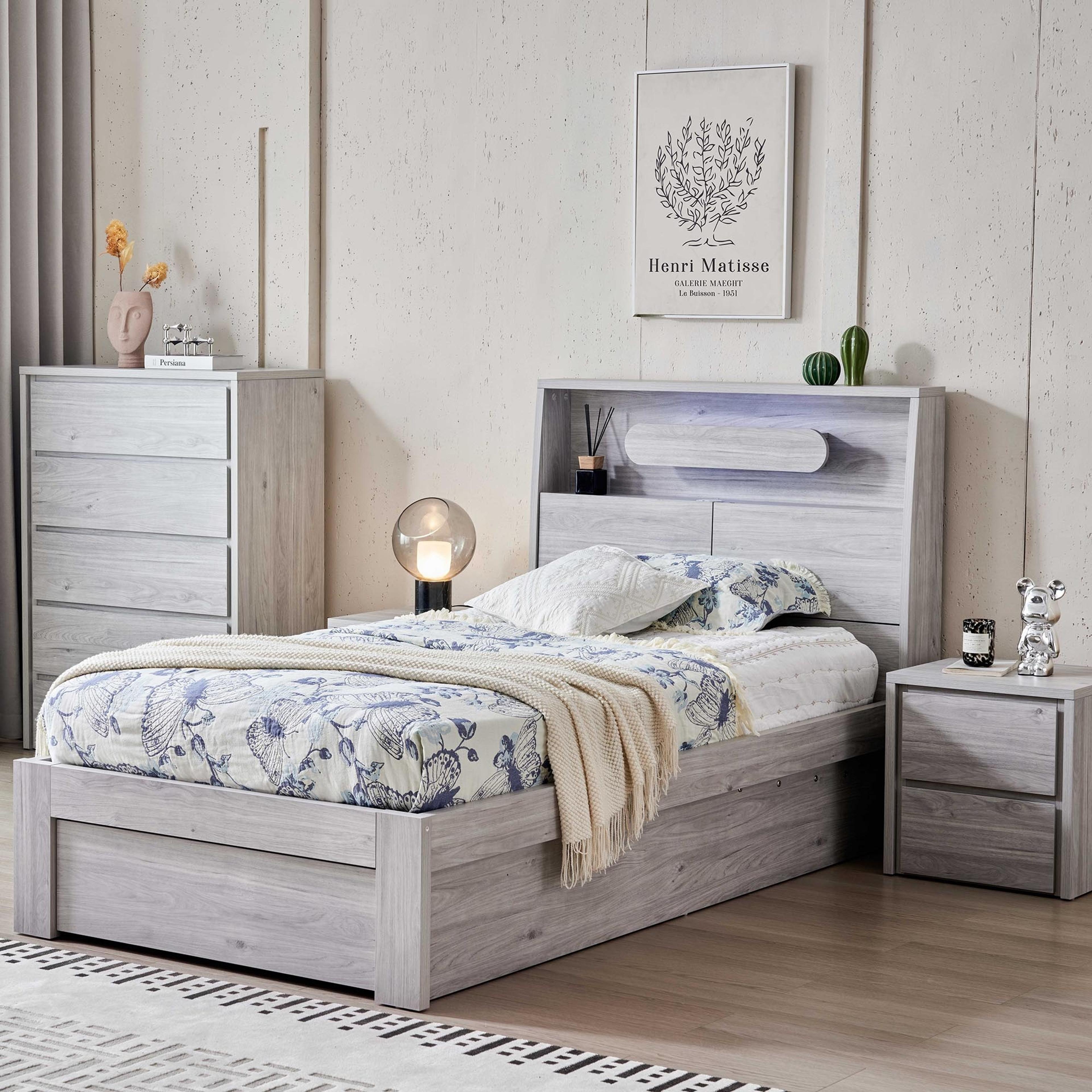 Lifestyle image of the  Nova Bed Frame, Front Slat Gas Lift Base, Stone Oak from Forty Winks