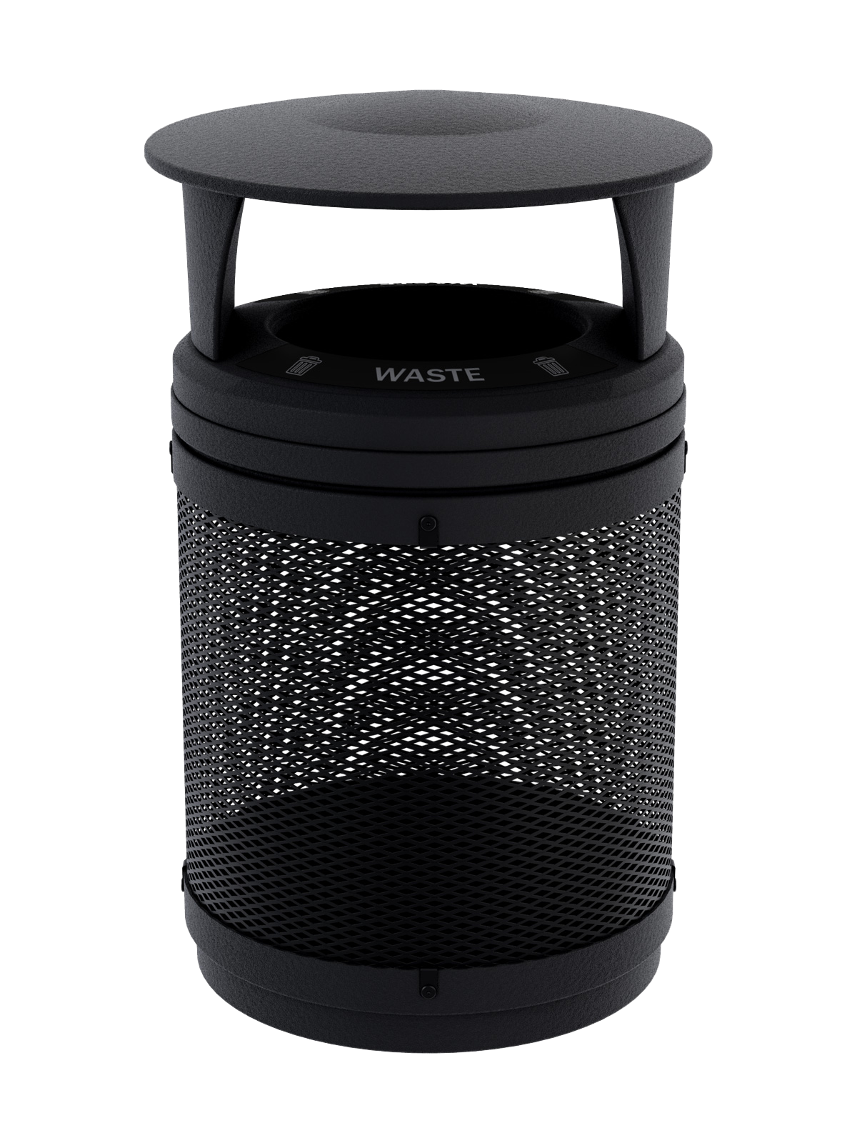 metal mesh body waste container with black plastic canopy lid and base for visible collection and security shown with waste labels