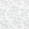 Wallpaper with pale blue, sketch-like umbel floral motifs â€” repeating across the surface â€” covering a light interior wall, presenting a soft, airy, low-contrast botanical pattern under diffuse lighting.