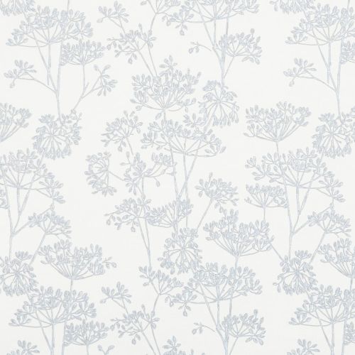 Wallpaper with pale blue, sketch-like umbel floral motifs â€” repeating across the surface â€” covering a light interior wall, presenting a soft, airy, low-contrast botanical pattern under diffuse lighting.