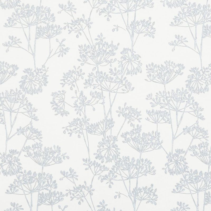 Wallpaper with pale blue, sketch-like umbel floral motifs â€” repeating across the surface â€” covering a light interior wall, presenting a soft, airy, low-contrast botanical pattern under diffuse lighting.