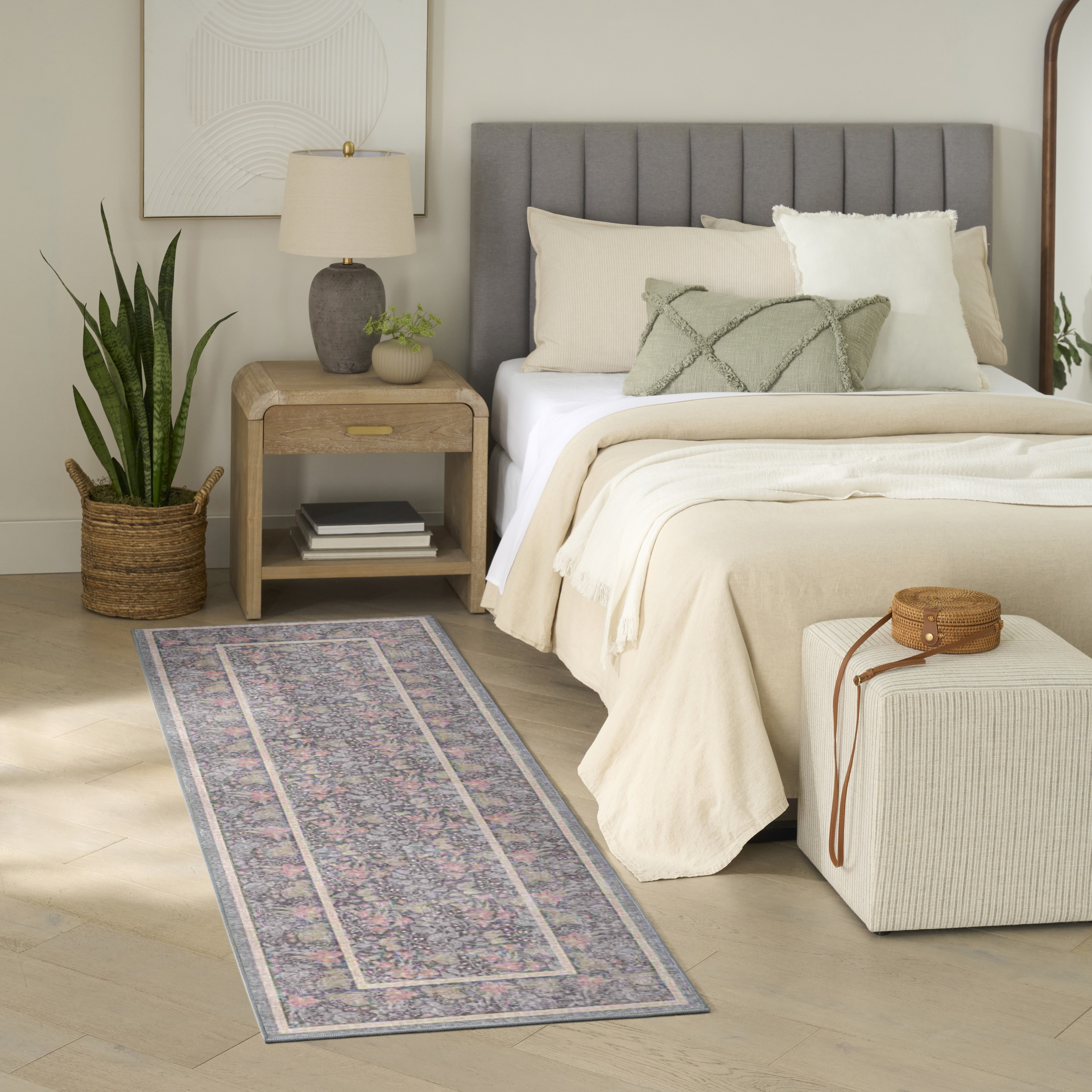 Nourison Botanical Washables 2' x 6' Charcoal Multicolor Farmhouse Indoor Rug