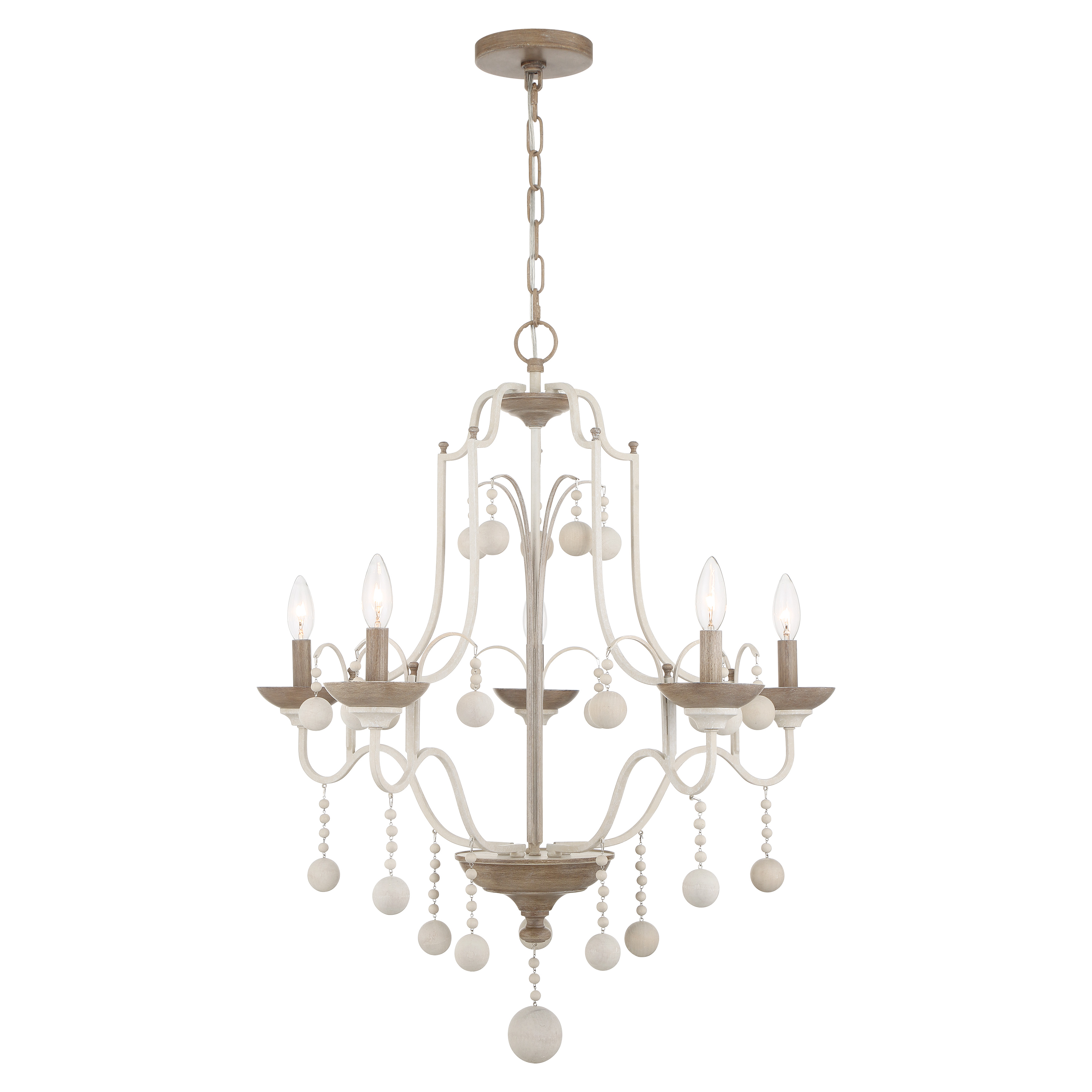 The Colonial Charm chandelier brings farmhouse warmth with its white wash finish and sun-dried clay accents. Nine candelabra lights provide ample illumination while the solid wood and steel construction ensures lasting quality. - alternate view
