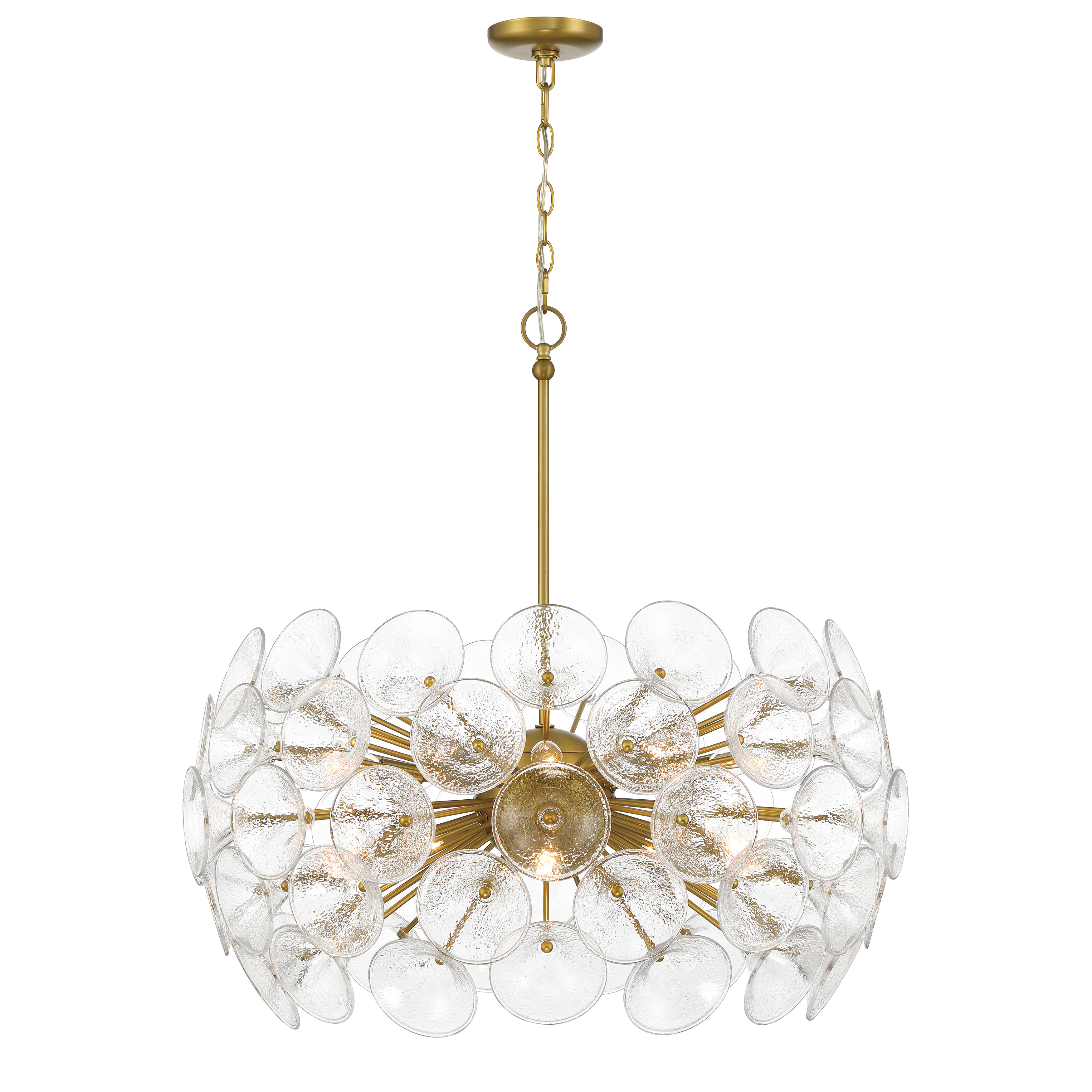 The Winter chandelier combines contemporary sophistication with timeless elegance. Ten candelabra lights shine through textured clear fluted glass shades, creating beautiful light diffusion. The soft brass finish adds warmth and luxury to any space. - alternate view