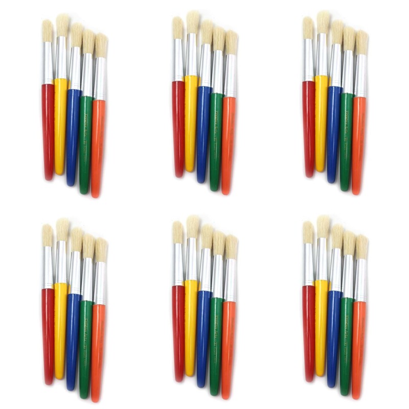 Round Paint Brushes, Short, Assorted Colors, 5 Per Set, 6 Sets