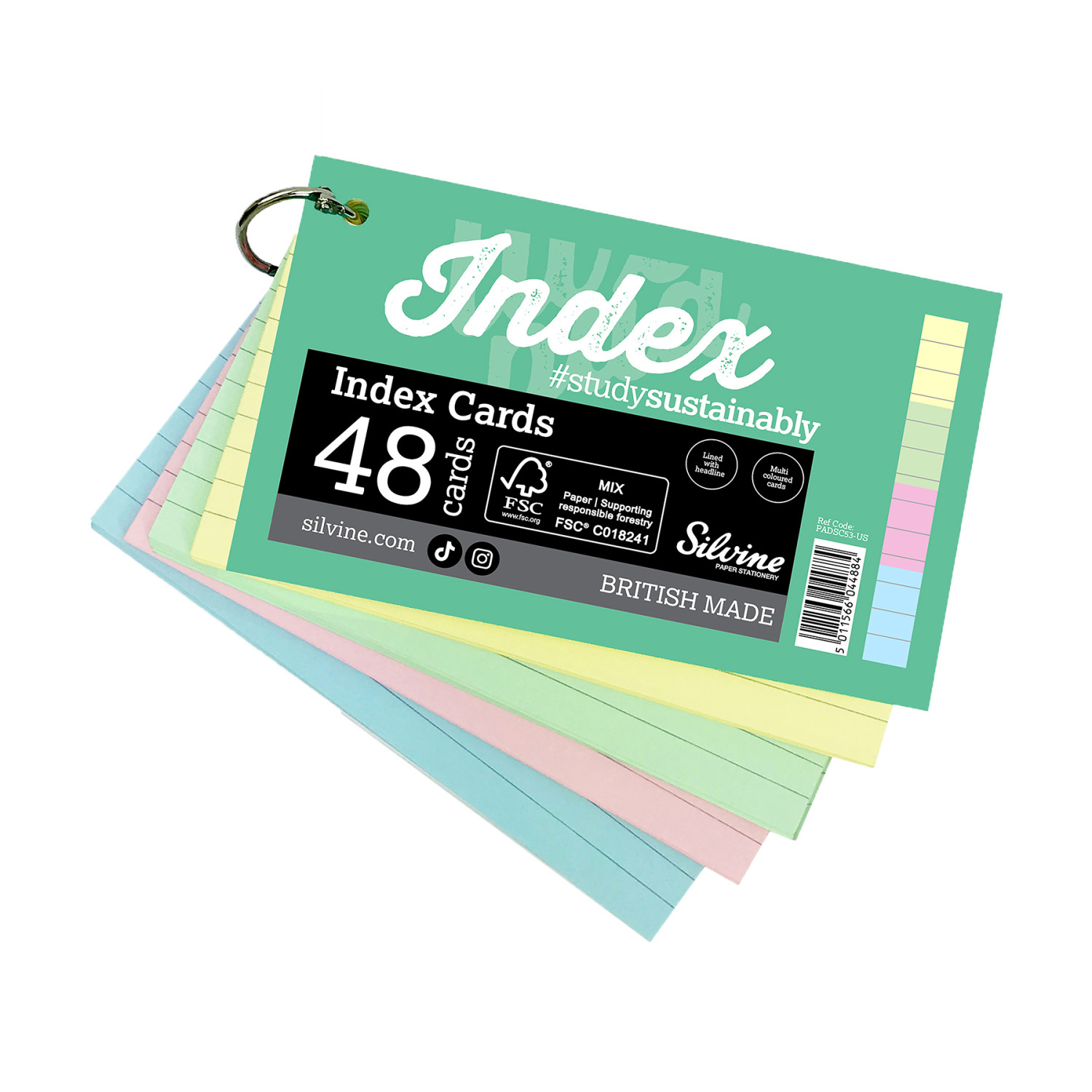 Ring-Bound Lined Index Cards, Landscape, 5 x 3 Inches, 4 Assorted Colors, 48 Cards