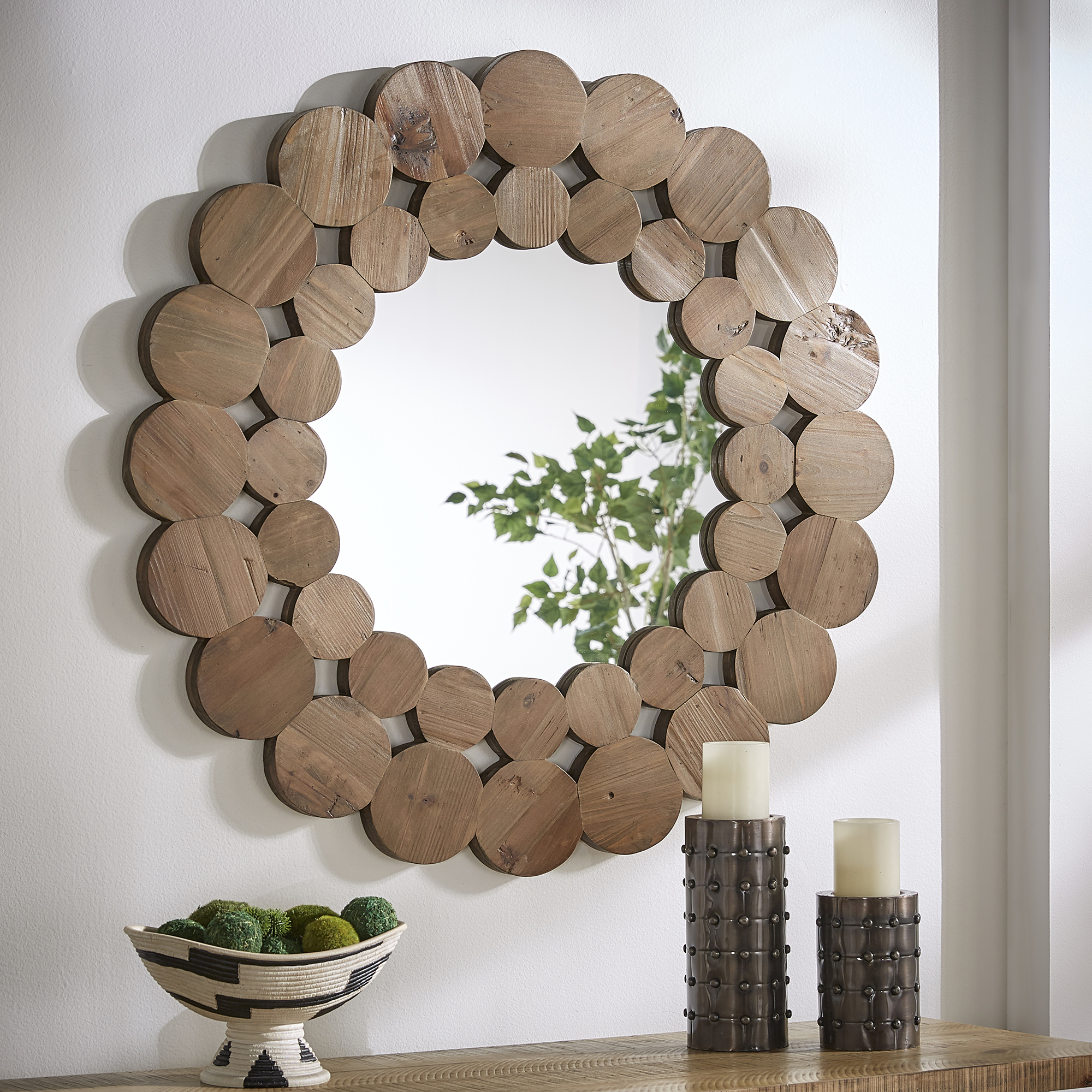 Natural Finish Reclaimed Wood Round Wall Mirror
