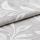 Textured gray fabric with raised white leaf embroidery folded and partially rolled, overlapping; close-up studio-lit view highlighting the weave and embossed botanical pattern.