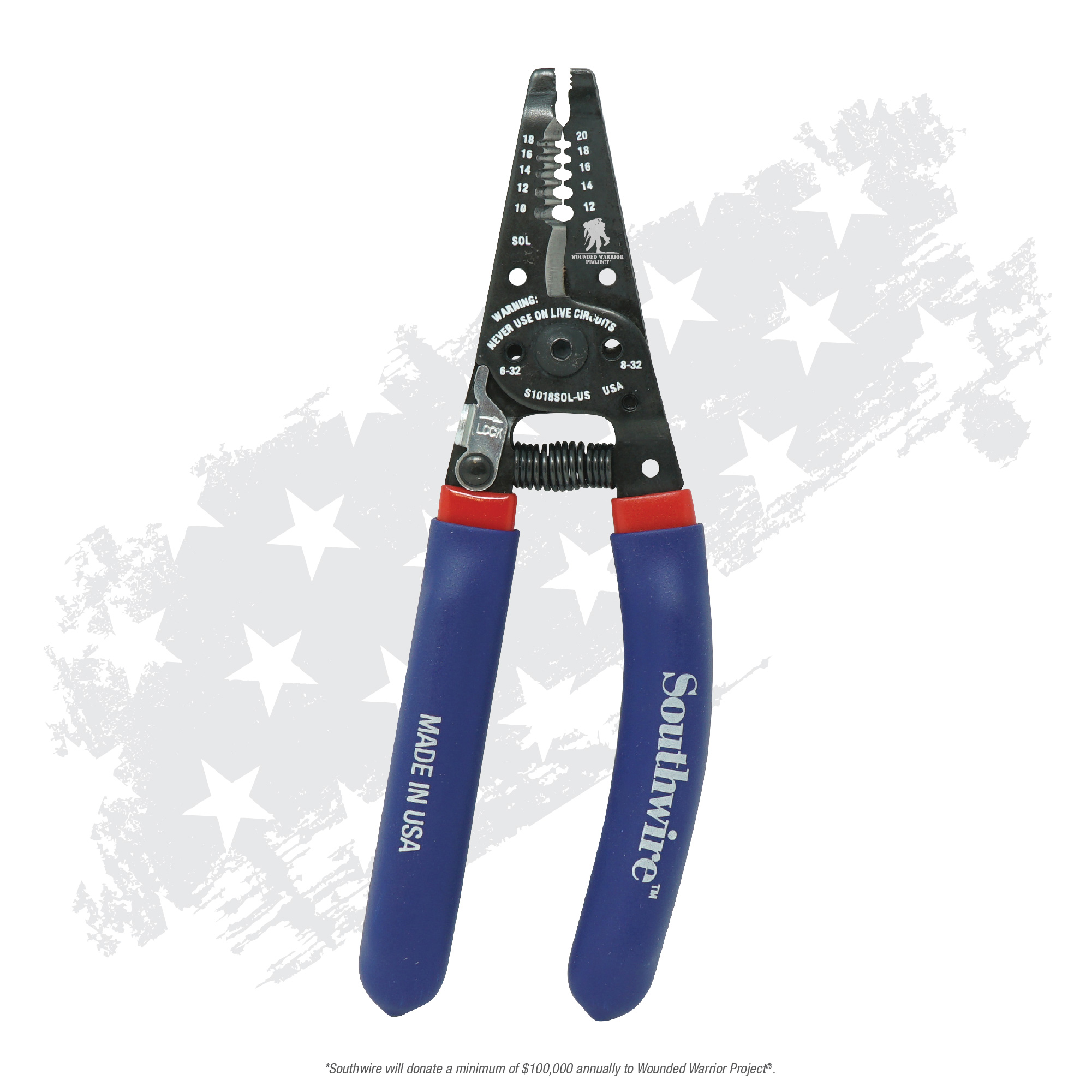S1018SOL-WW, Southwire 10-18 AWG SOL & 12-20 AWG STR Ergonomic Wire Stripper, Wounded Warrior Project