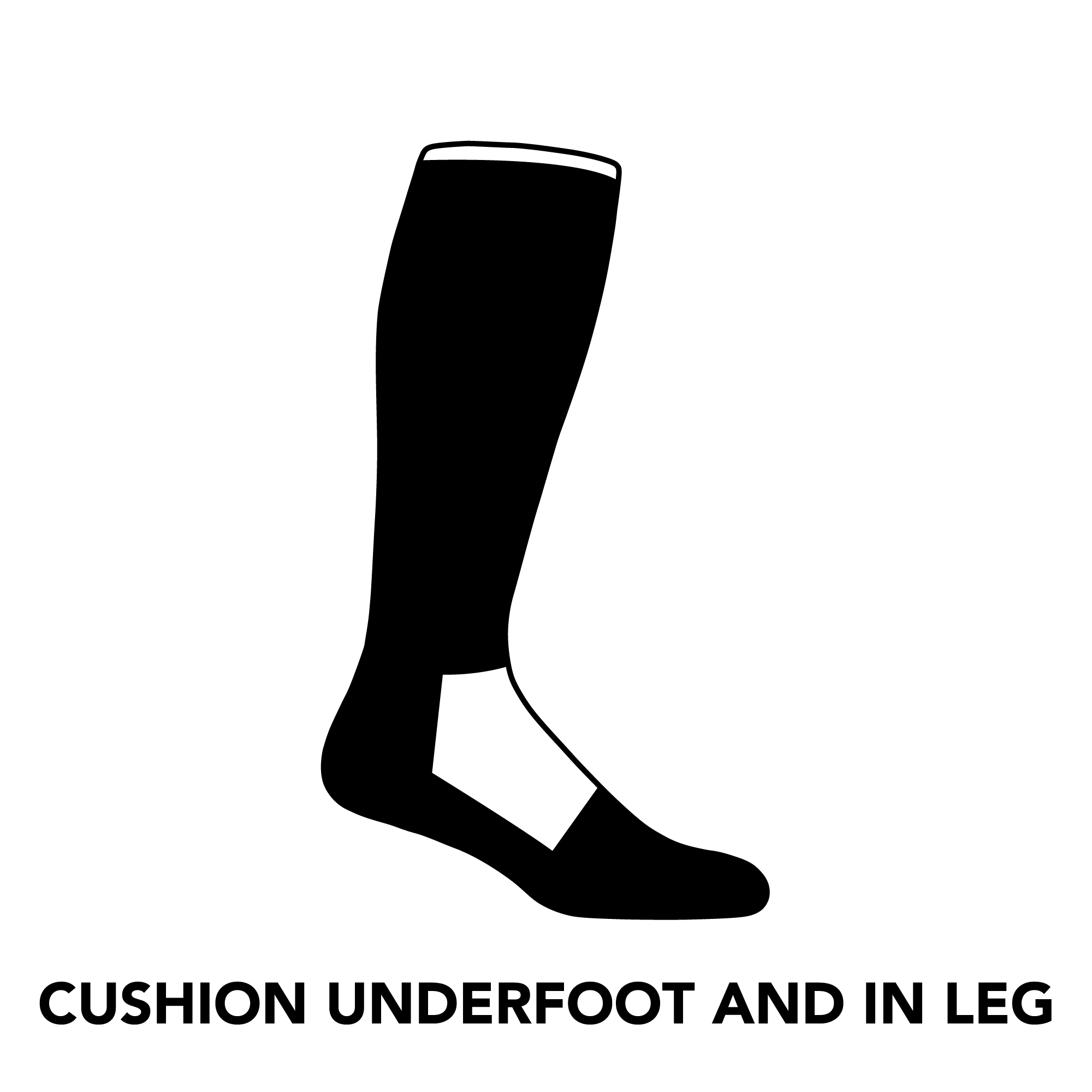 Image showing cushion placement on the sock, with cushion underfoot, over the toe, and up the leg, but not over the top of the foot