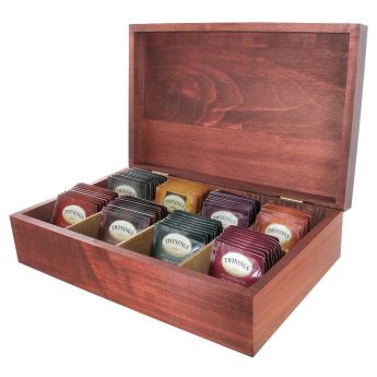 Cherry wood tea chest with 8 compartments using Twinings tea bags that hold at least 10 tea bags per compartment.