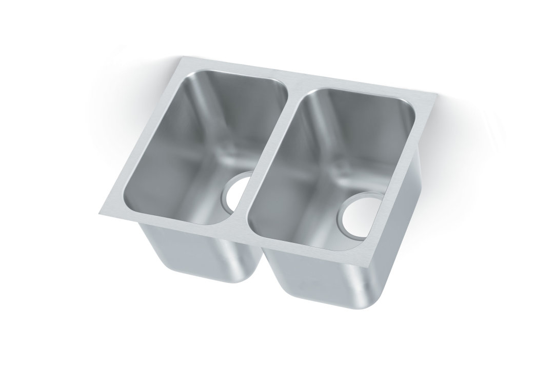 23" x 16" x 9-1/4" double-bowl stainless steel weld-in or undermount sink with 3-1/2" drain openings