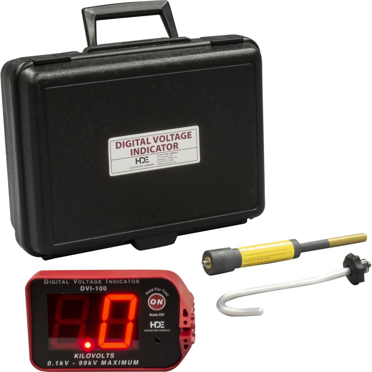 Digital voltage indicator 100kV, OH/UG kit 1. Up to 99kv line-to-ground.  Voltage readout distinguishes between nominal and induced voltages.  Audible indication when voltage is detected.  Test Point mode available.  Auto-shutoff and low battery indication features.  Versatile for overhead and underground applications