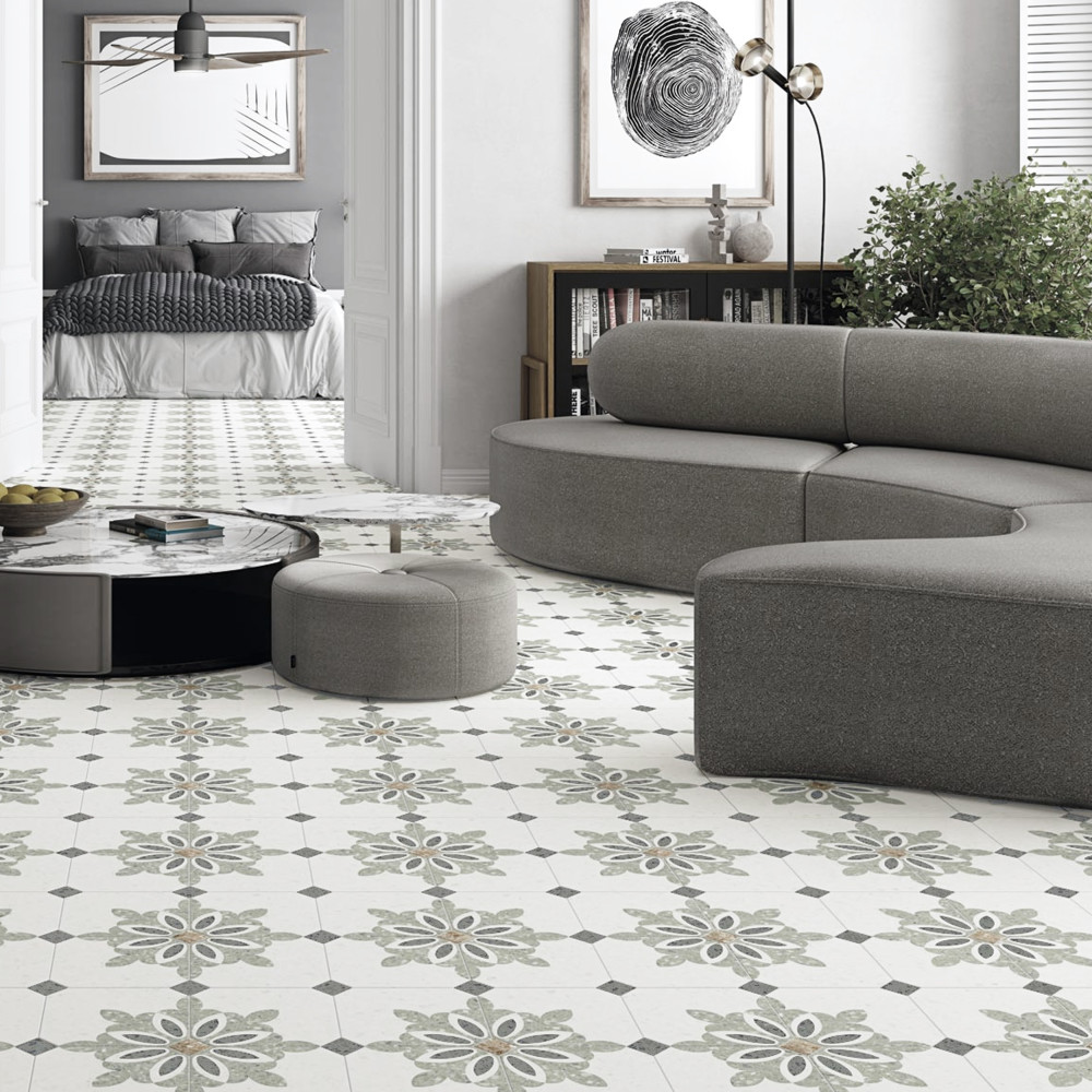 Riviera Octagon Verde with Taco Rojizo 7-7/8 in. x 7-7/8 in. Porcelain Floor and Wall Tile