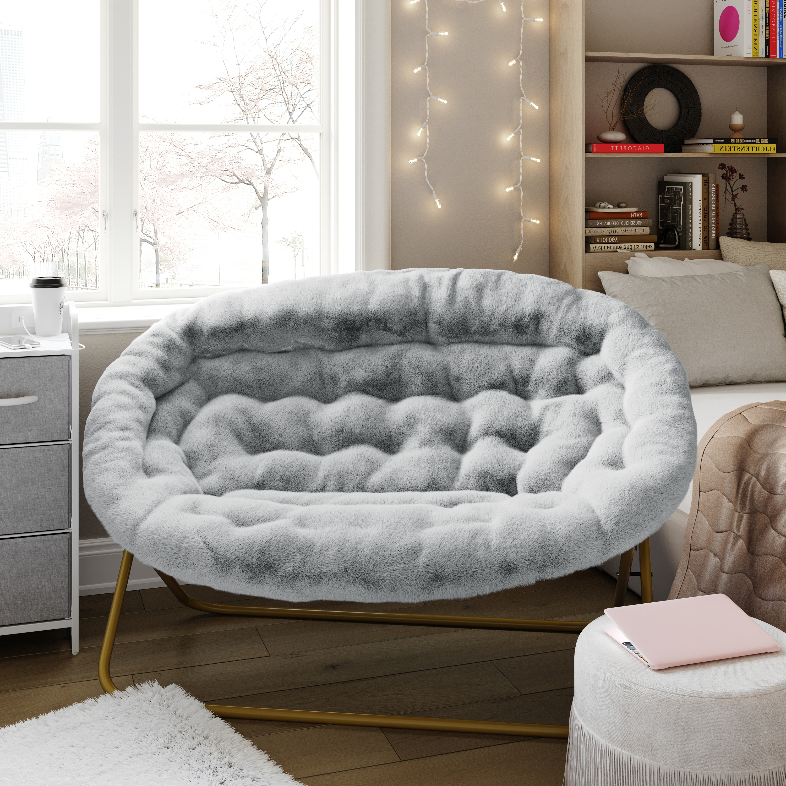 Janey Folding Double Saucer Chair in Gray Faux Fur with a Soft Gold Steel Fra... - Picture 2 of 47