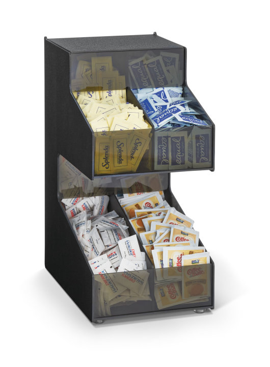 Four-compartment countertop gravity-fed packaged condiment organizer