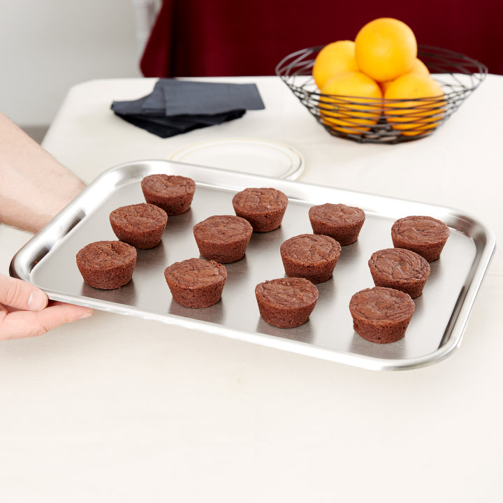 15-inch oblong stainless steel serving and display tray with satin finish