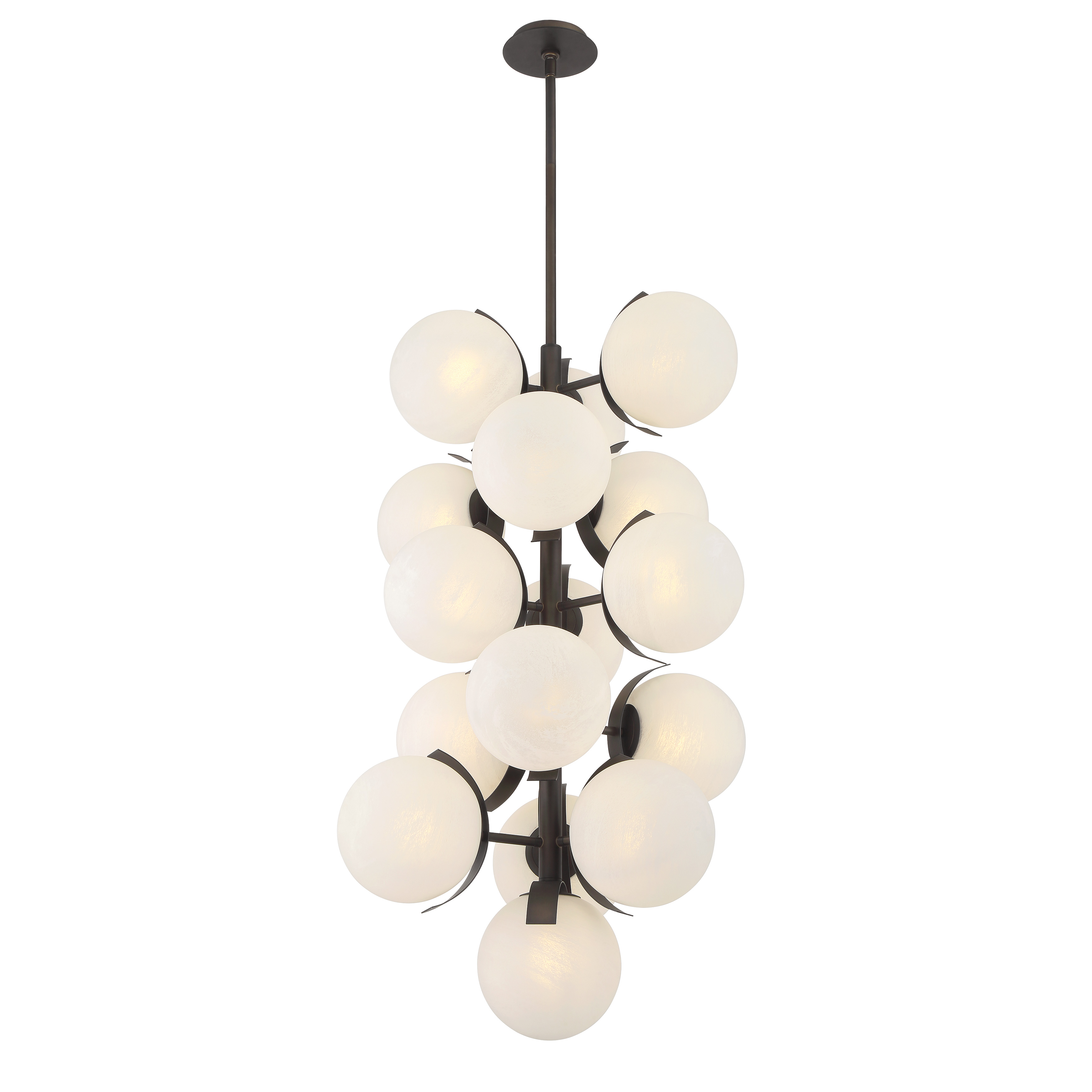 The Vino pendant delivers impressive scale and ambient lighting with 16 candelabra bulbs housed in etched alabaster glass shades. Its dark bronze finish and substantial 24.75-inch frame create a sophisticated focal point. - alternate view