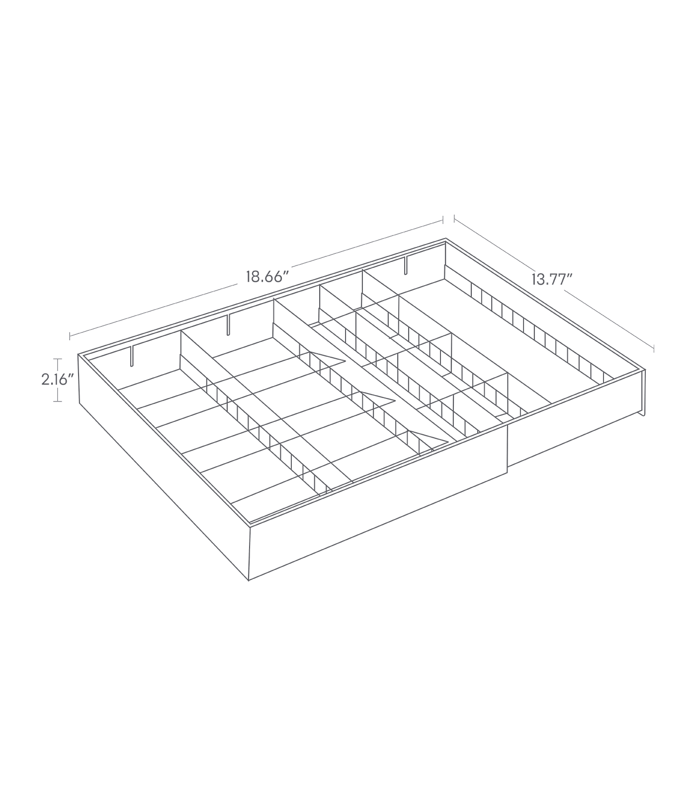 Dimenision image for Cutlery Organizer - Three Styleson a white background showing total width of 18.66 inches, length of 13.77 inches, height of 2.16 inches