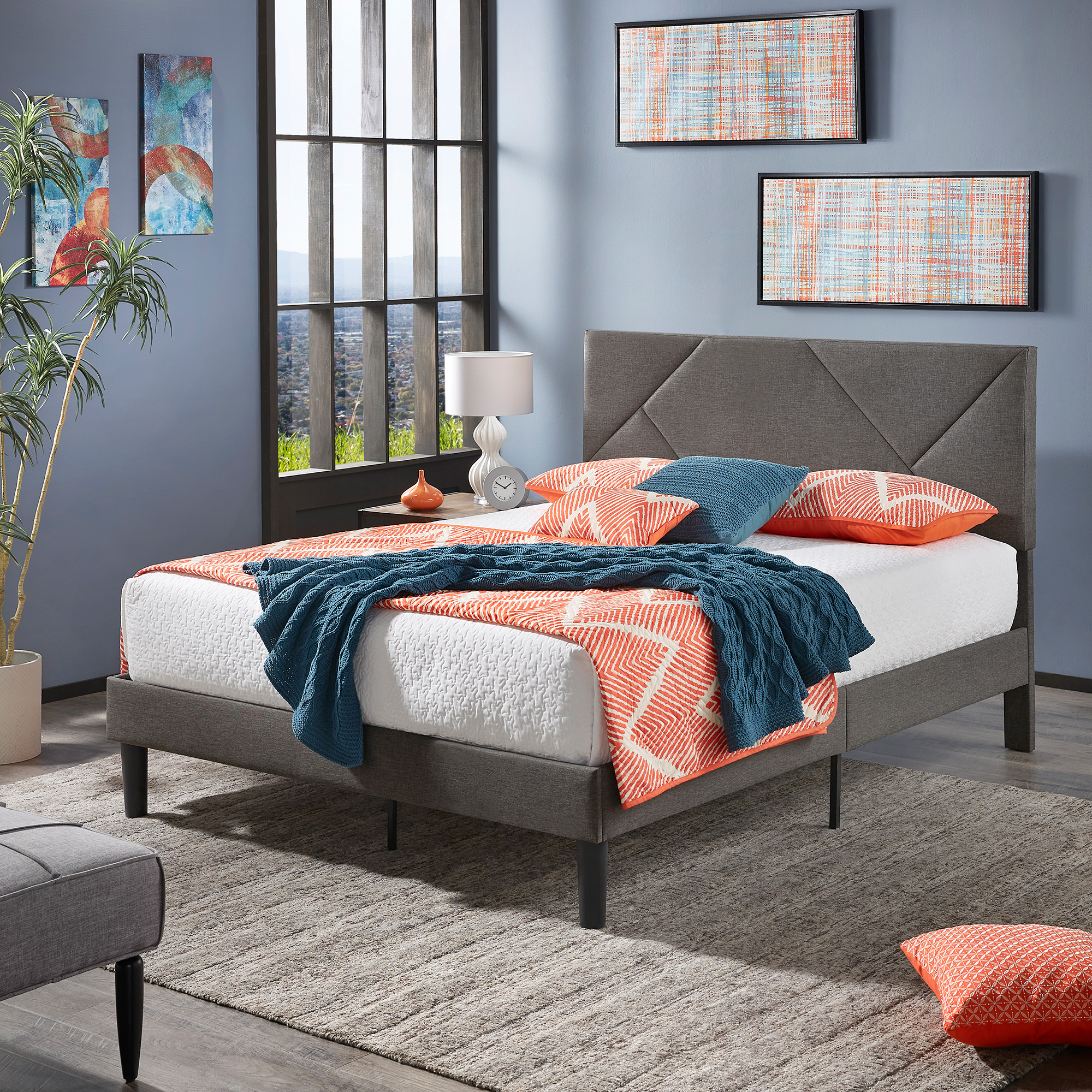 Upholstered Platform Bed with Geometric Headboard
