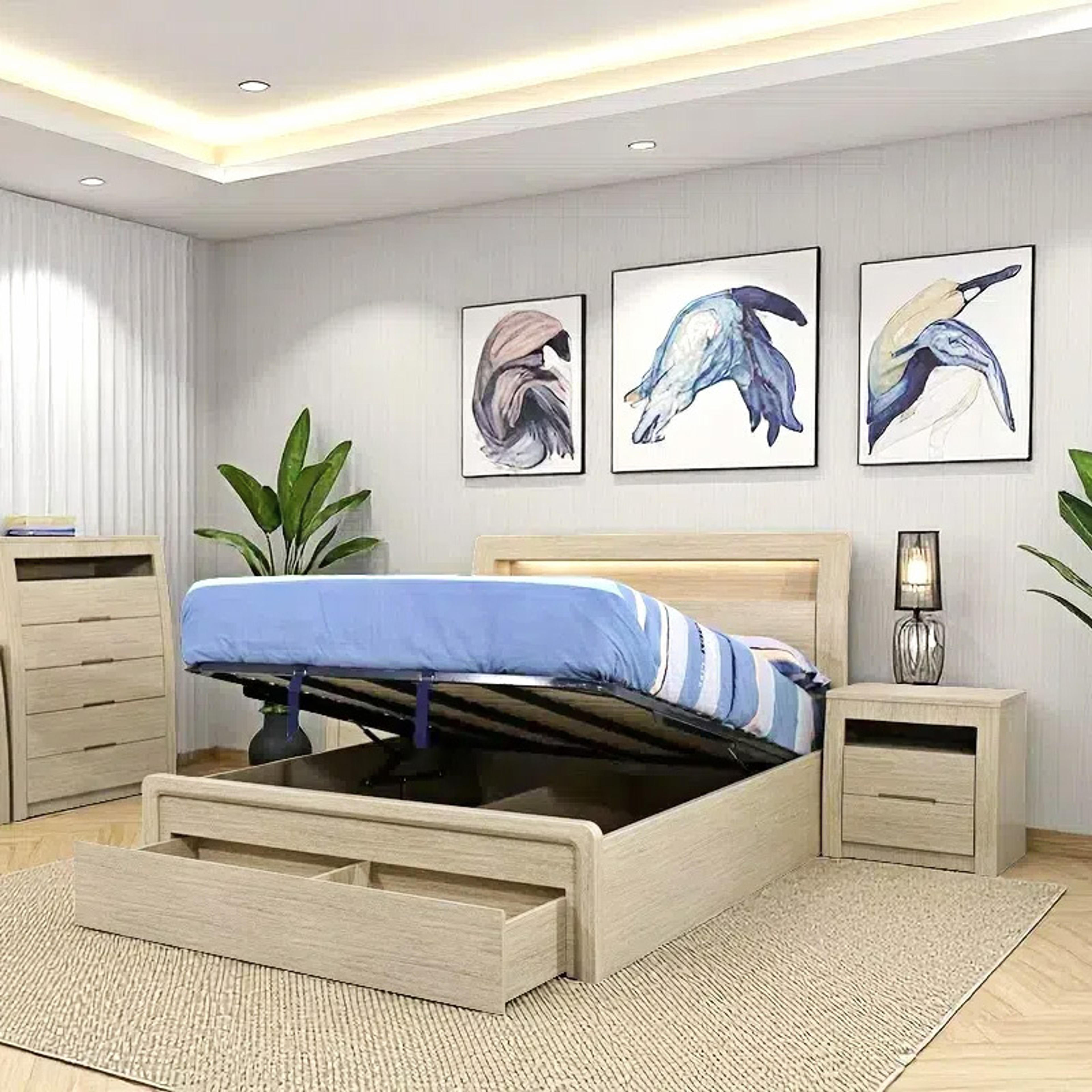 Lifestyle image of the  Skyline Bed Frame, Gas Lift & End Drawer Base, Sand from Forty Winks