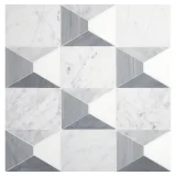 Pietra Visivo Collection Thassos Select Polished, Italian Carrara Light Select Polished, Italian Carrara Dark Select Polished, Bardiglio Light Polished, And Bardiglio Imperiale Polished 8×12 Preston’s Peaks Mosaic Polished