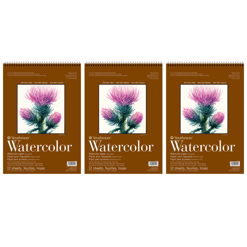 400 Series Watercolor Pad, Top Wire Binding, 12 Sheet, 11x15 inch, Pack of 3