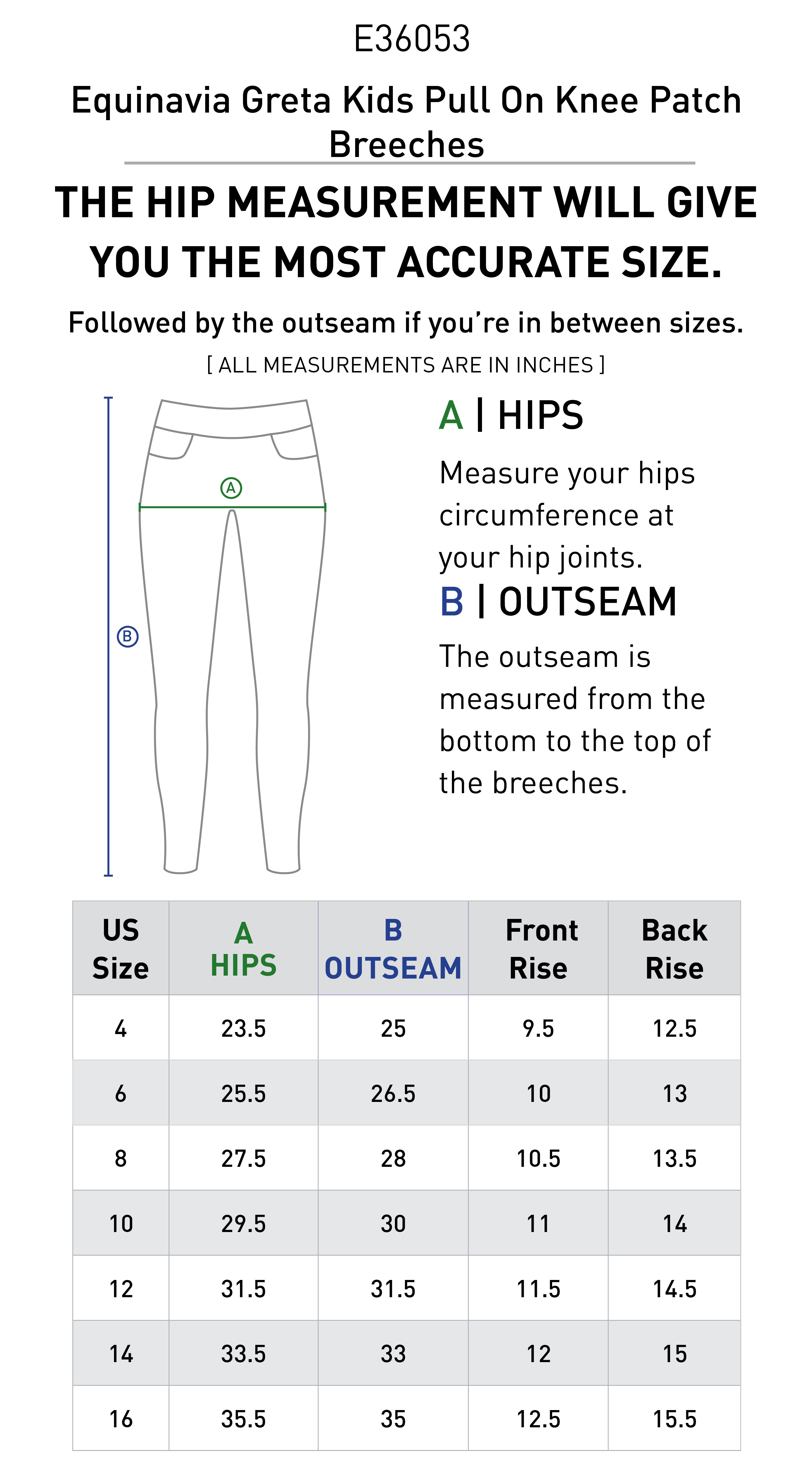 Size chart for Equinavia Greta Kids Pull On Knee Patch Breeches - Black/White