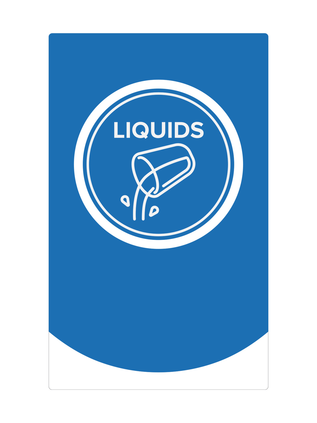 large label with the word LIQUIDS on a blue background showing a cup pouring out water