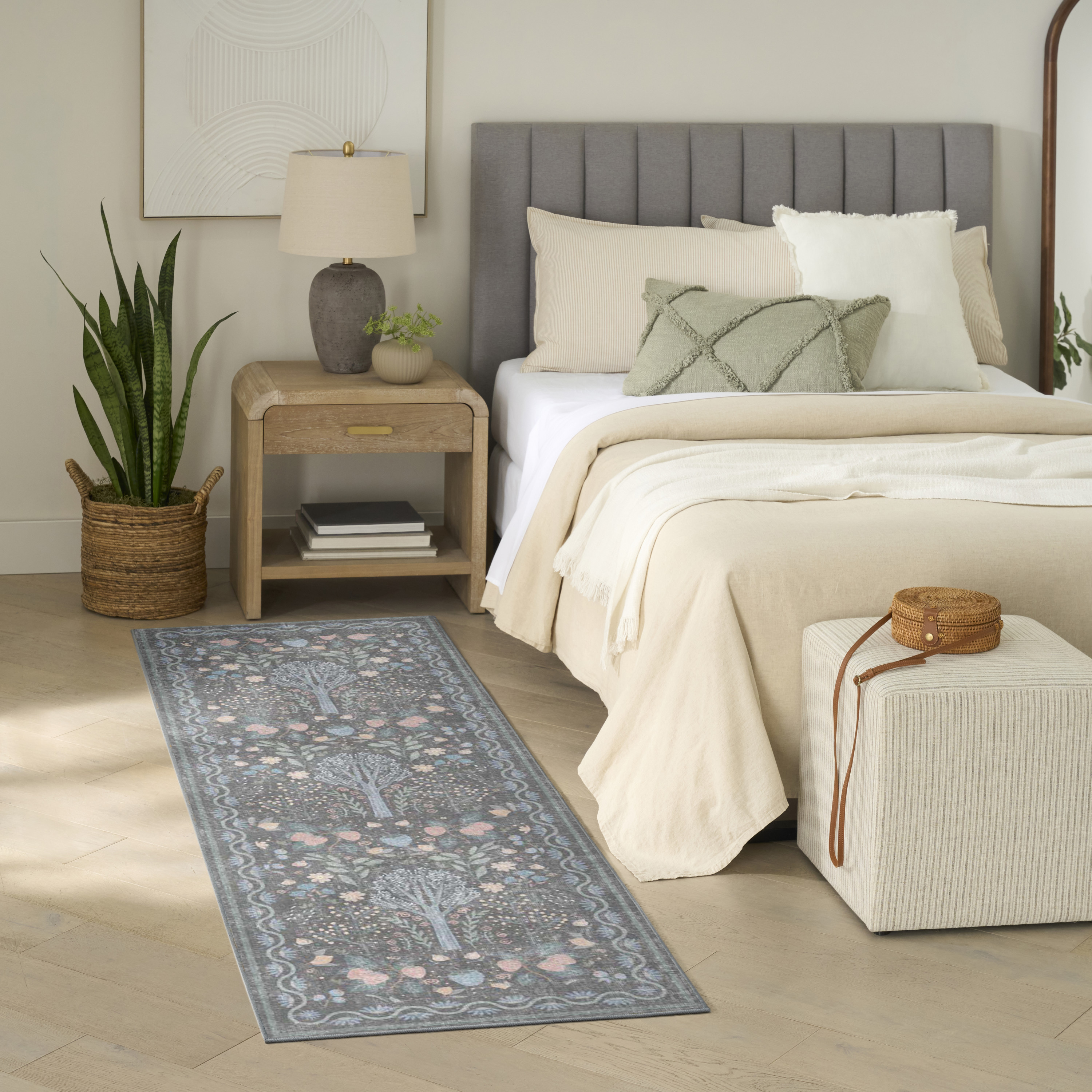 Nourison Botanical Washables 2' x 6' Charcoal Multicolor Modern Indoor Rug